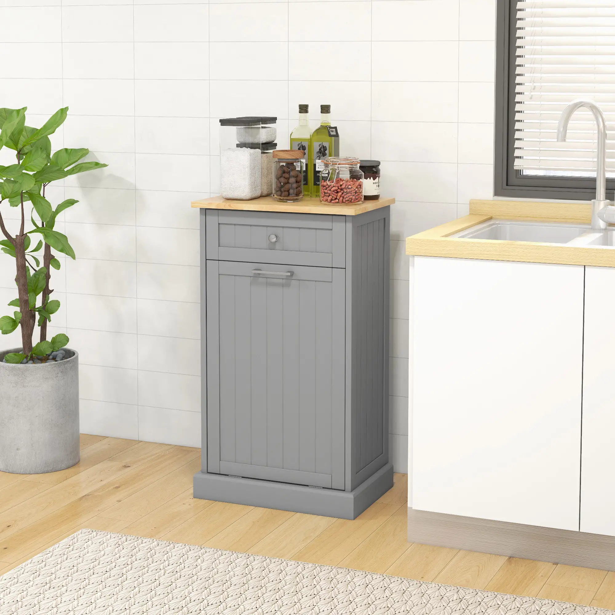 Kitchen Tilt Out Trash Bin Cabinet, Free Standing, Grey - Image 2
