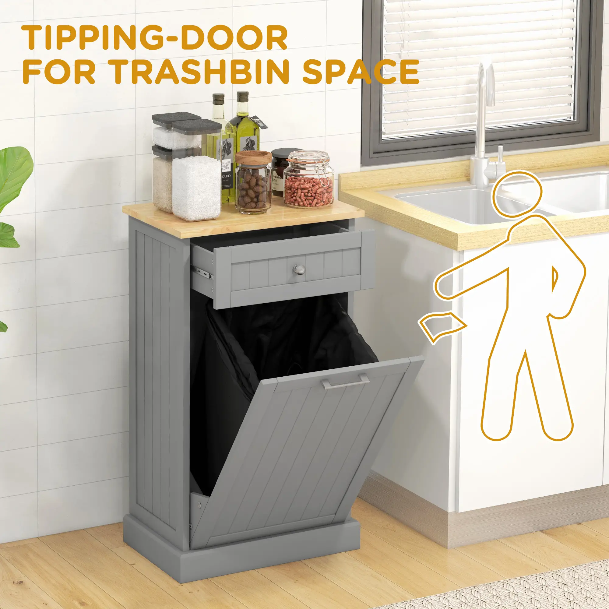 Kitchen Tilt Out Trash Bin Cabinet, Free Standing, Grey - Image 4