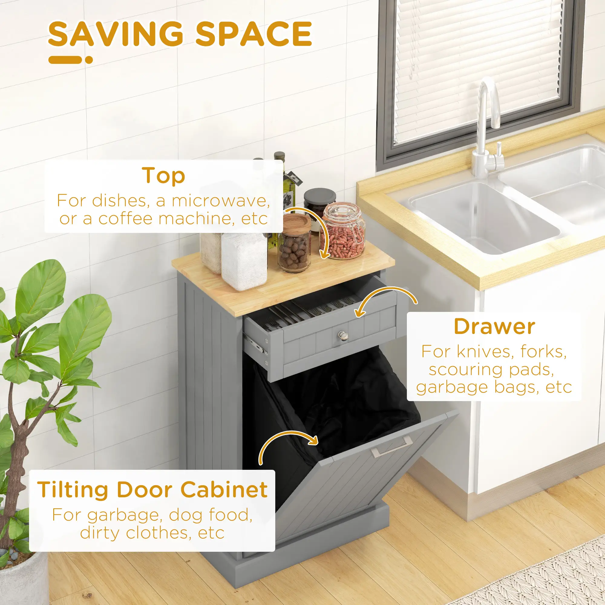 Kitchen Tilt Out Trash Bin Cabinet, Free Standing, Grey - Image 5
