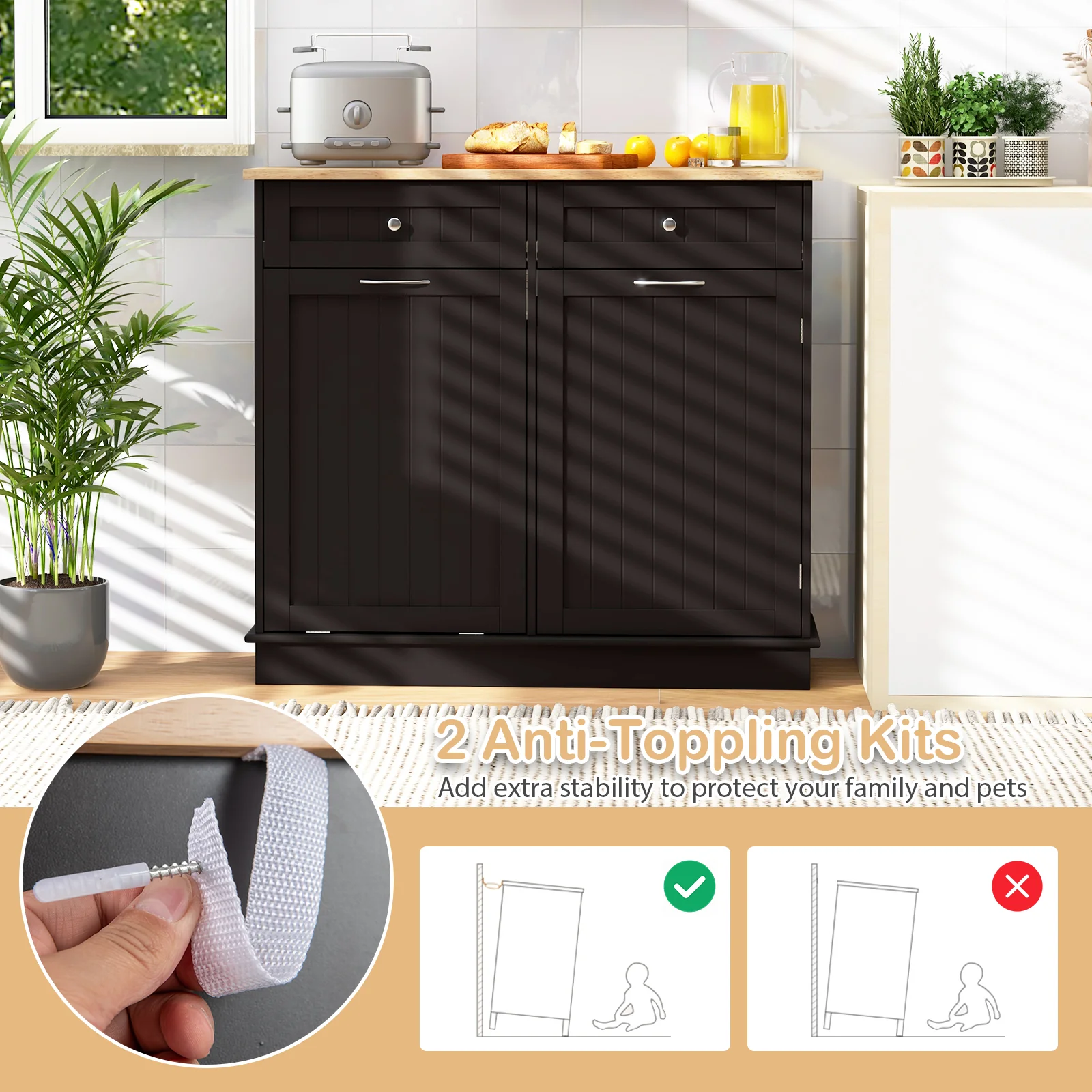 Kitchen Tilt Out Trash Cabinet, 2 Drawers, Adjustable Shelf, Brown - Image 10