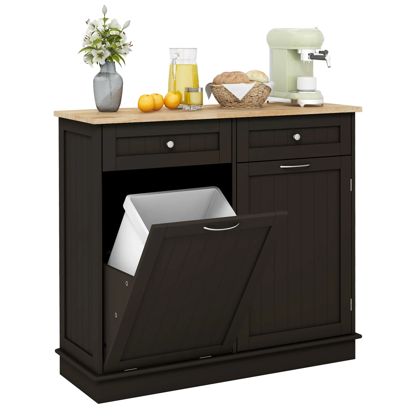 Kitchen Tilt Out Trash Cabinet, 2 Drawers, Adjustable Shelf, Brown - Image 4
