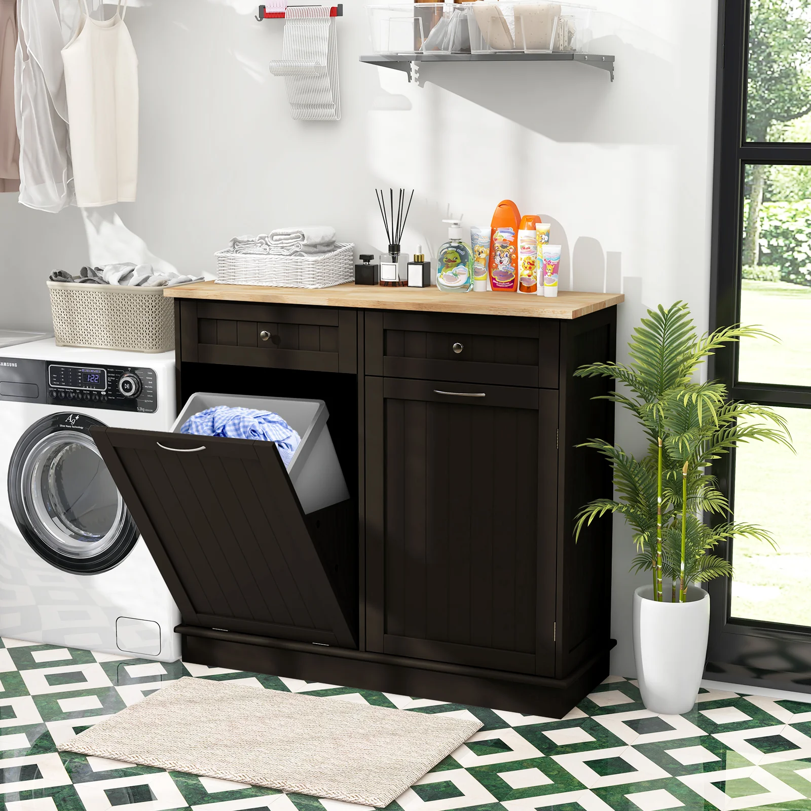 Kitchen Tilt Out Trash Cabinet, 2 Drawers, Adjustable Shelf, Brown - Image 6