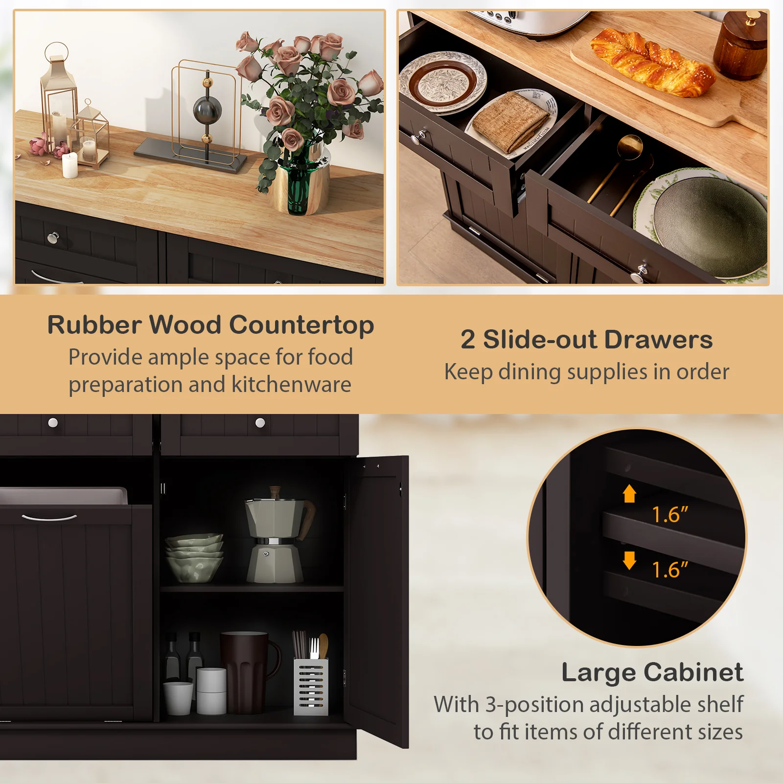 Kitchen Tilt Out Trash Cabinet, 2 Drawers, Adjustable Shelf, Brown - Image 8