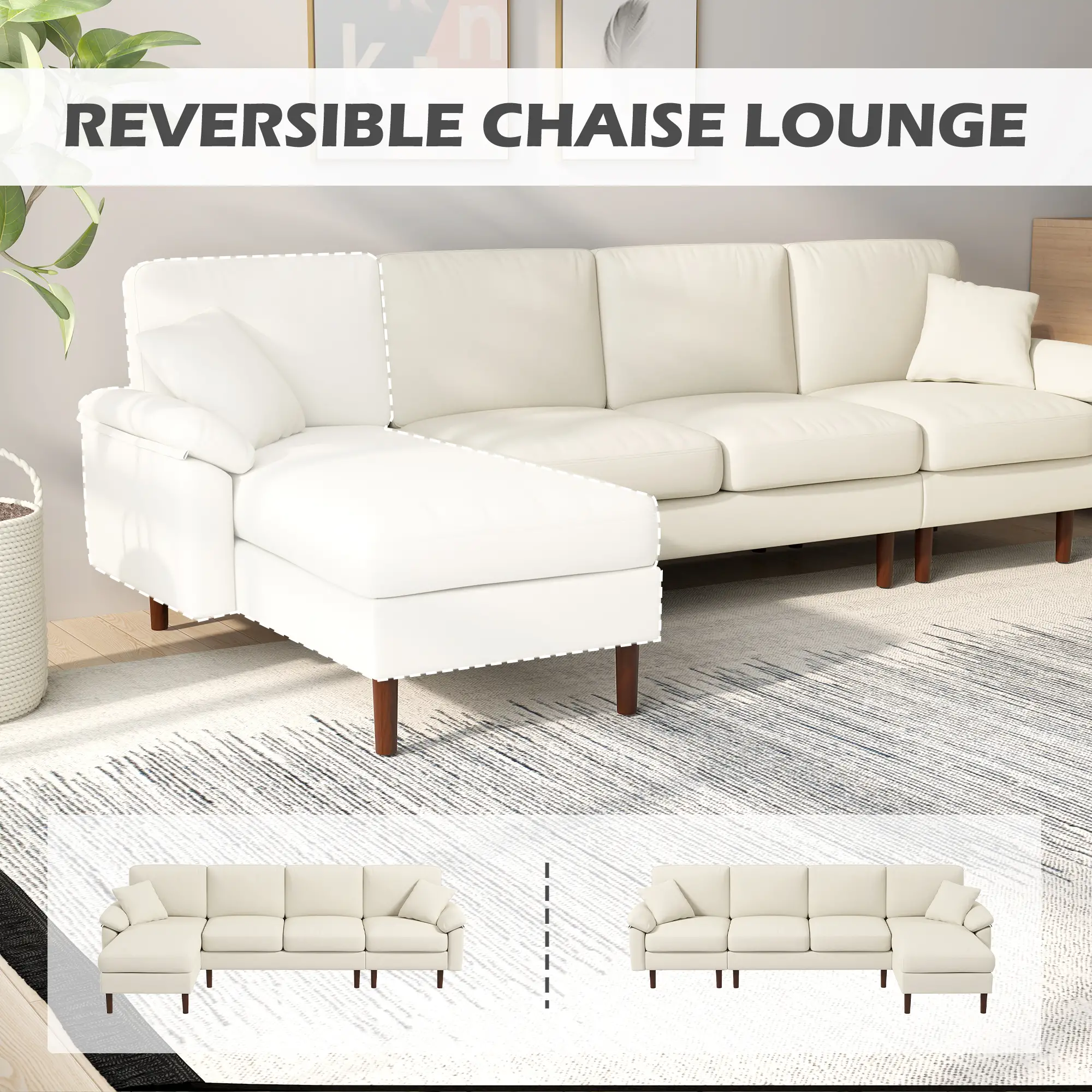 L-Shape Sectional Sofa, Changeable Chaise Lounge, Cream White - Image 5