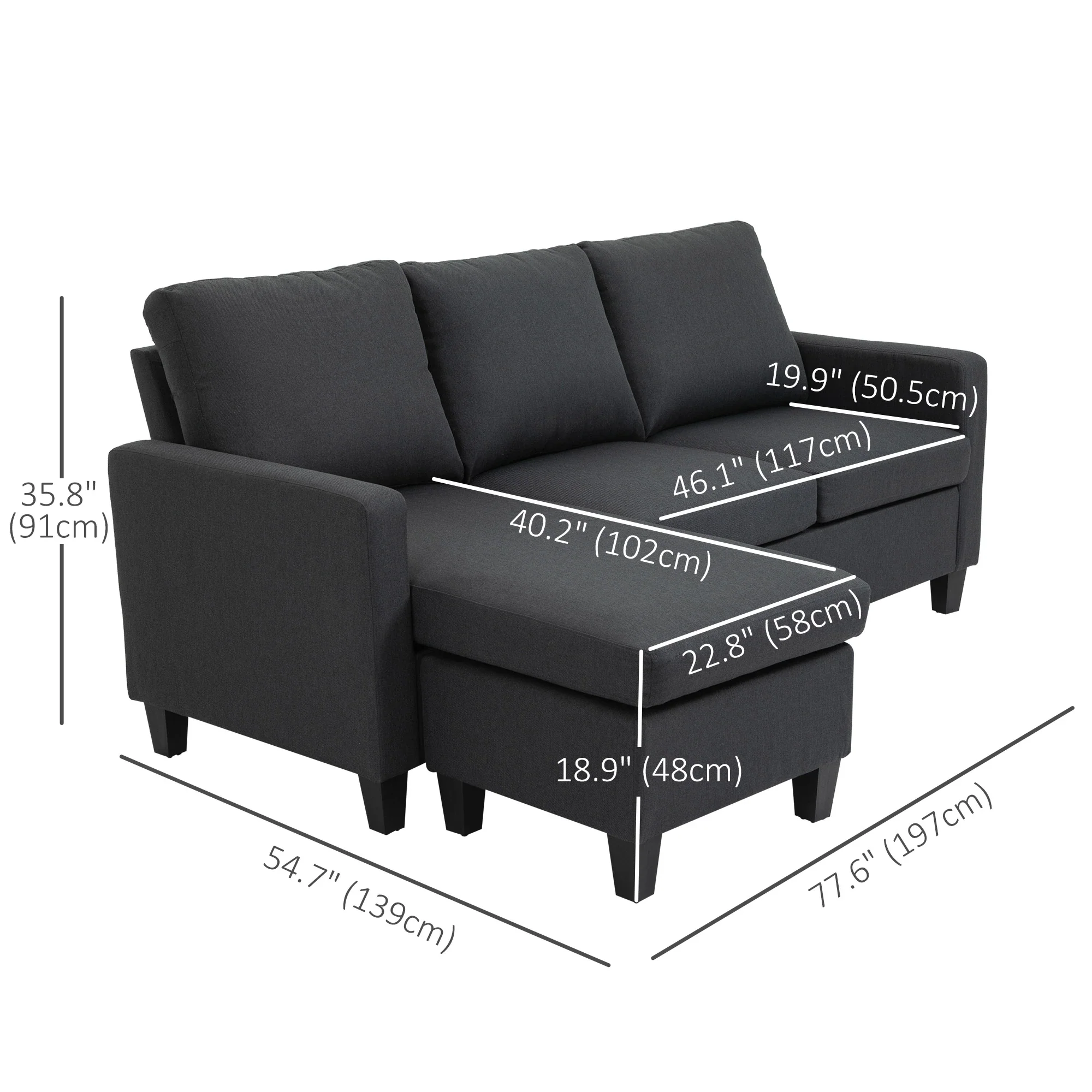L-Shape Sectional Sofa with Ottoman, Living Room, Dark Grey - Image 3
