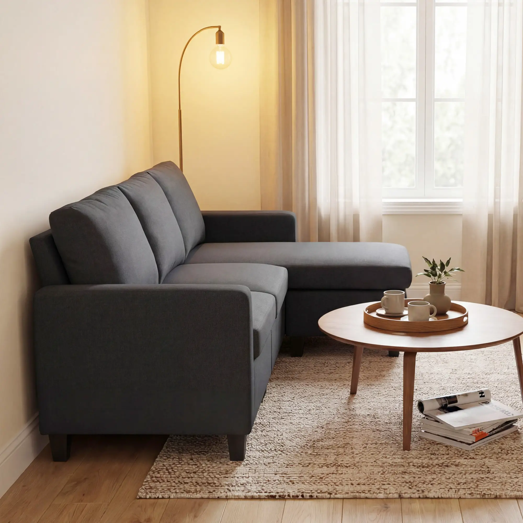 L-Shape Sectional Sofa with Ottoman, Living Room, Dark Grey - Image 7