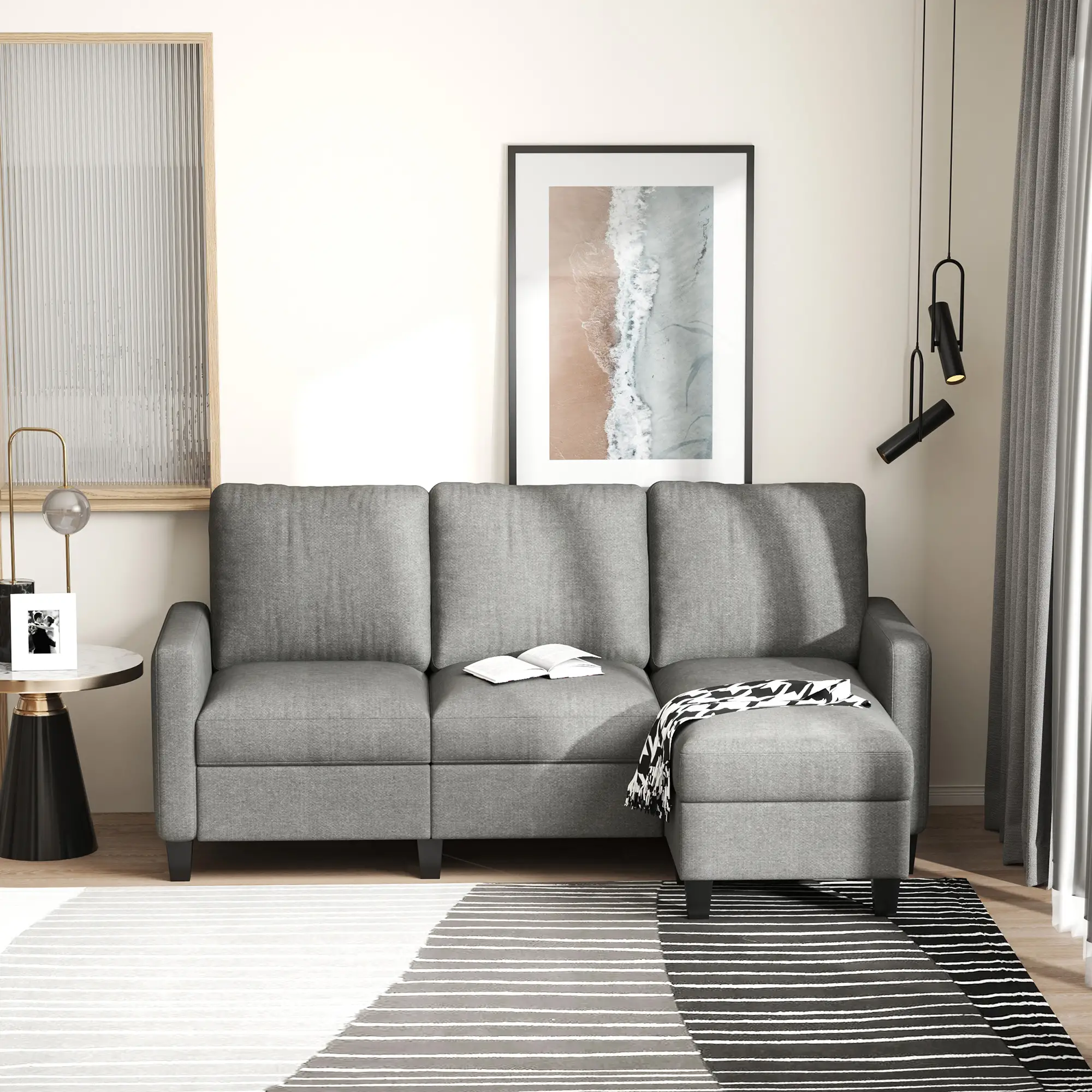 L-Shape Sectional Sofa with Ottoman, Modern Living Room Couch, Light Grey - Image 8