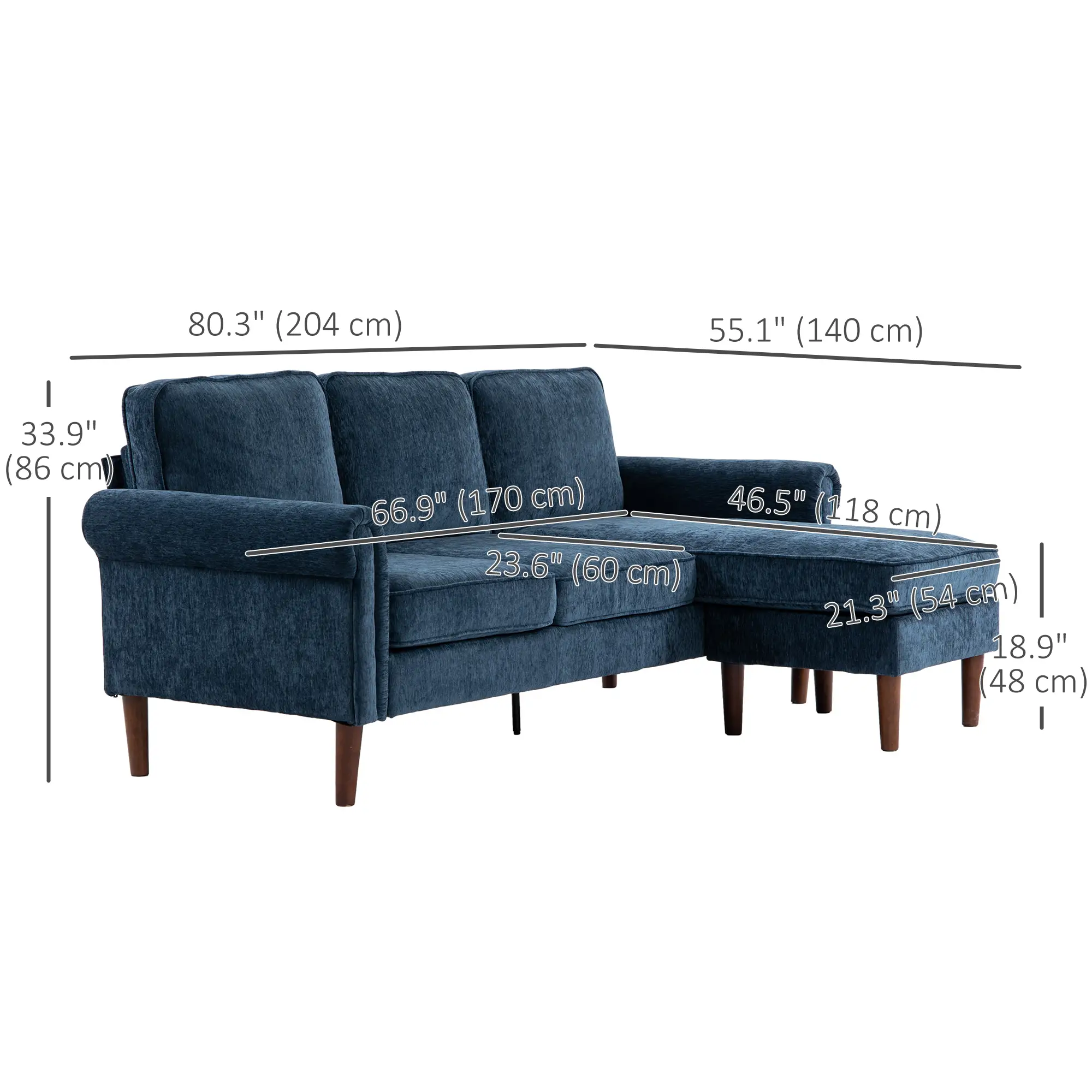 L Shape Sofa, Modern Sectional Couch, Changeable Chaise, Wooden Legs, Dark Blue - Image 3