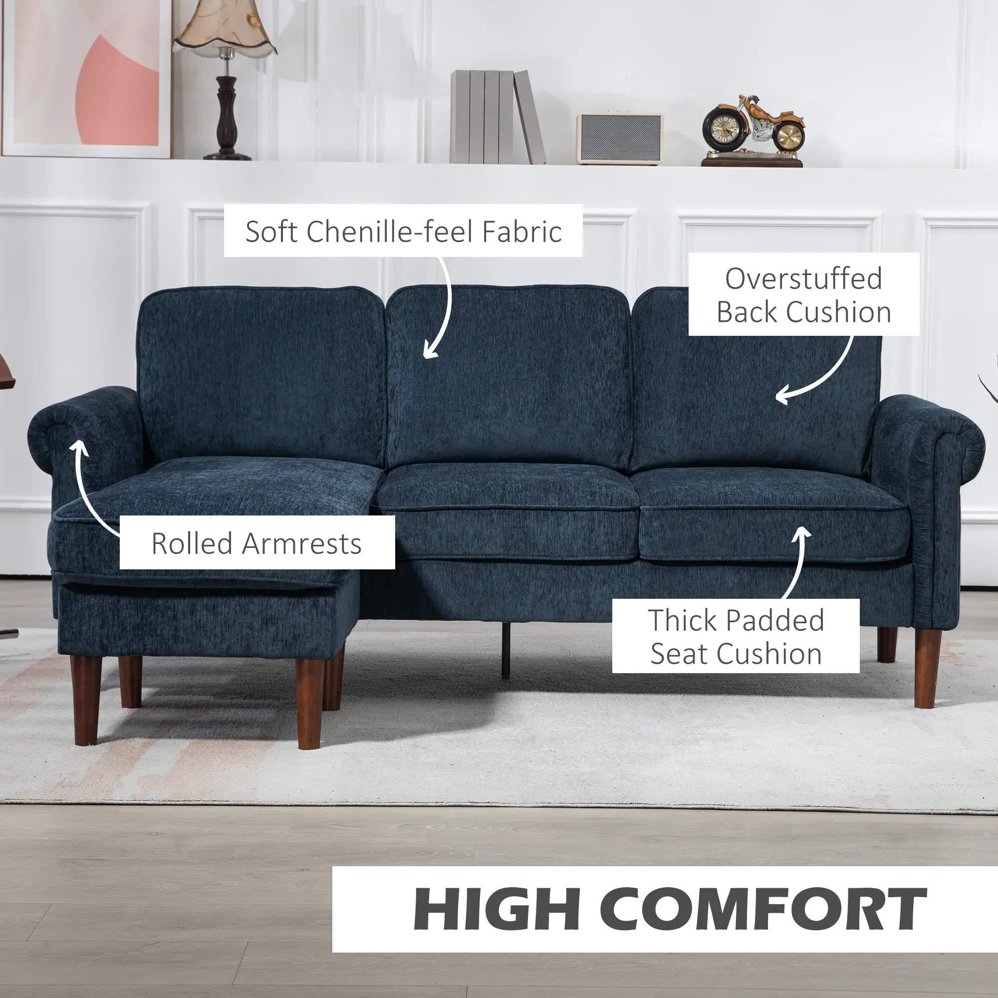 L Shape Sofa, Modern Sectional Couch, Changeable Chaise, Wooden Legs, Dark Blue - Image 4