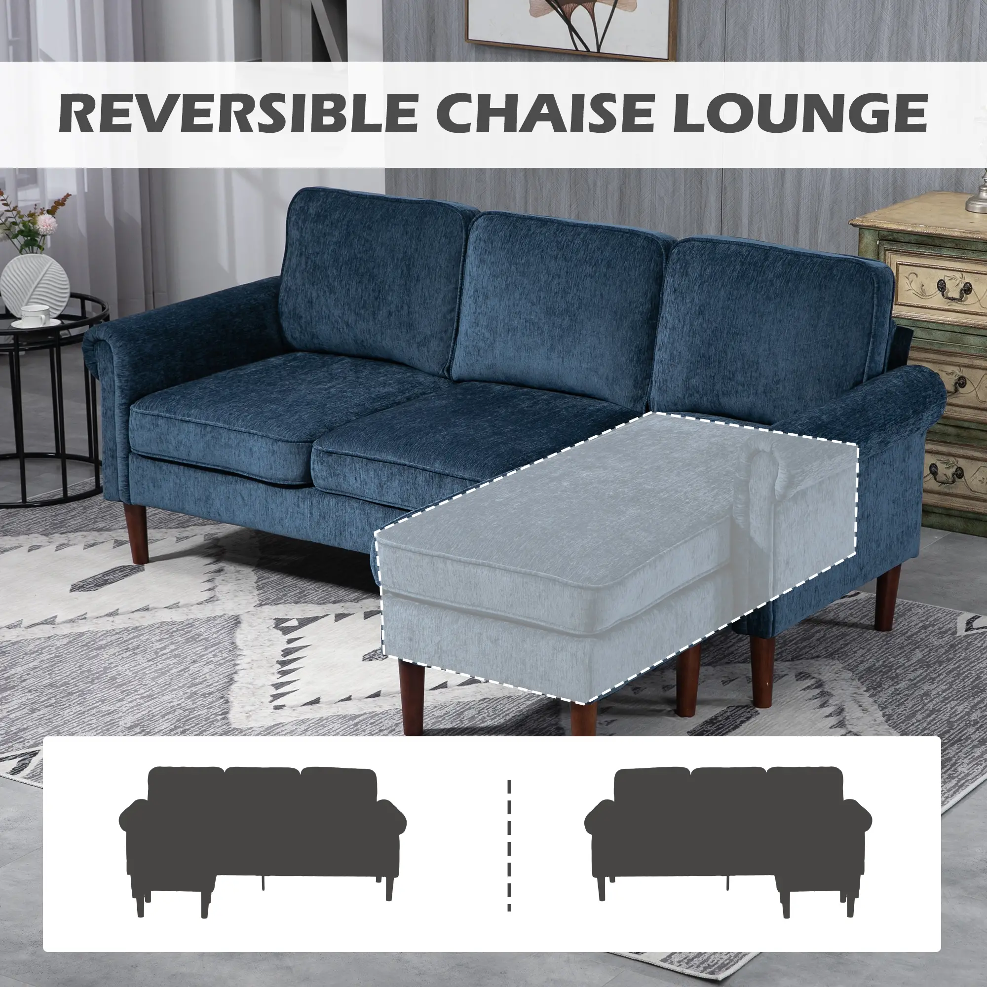 L Shape Sofa, Modern Sectional Couch, Changeable Chaise, Wooden Legs, Dark Blue - Image 5