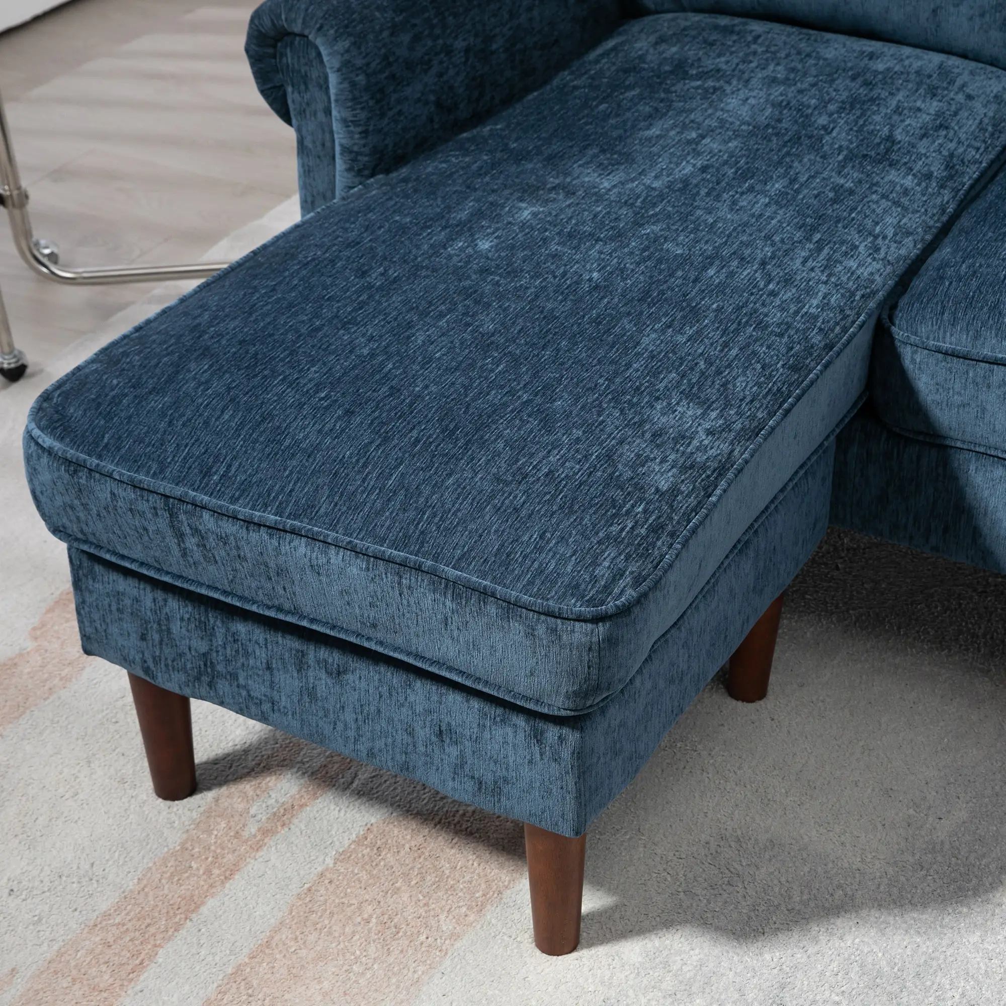L Shape Sofa, Modern Sectional Couch, Changeable Chaise, Wooden Legs, Dark Blue - Image 9
