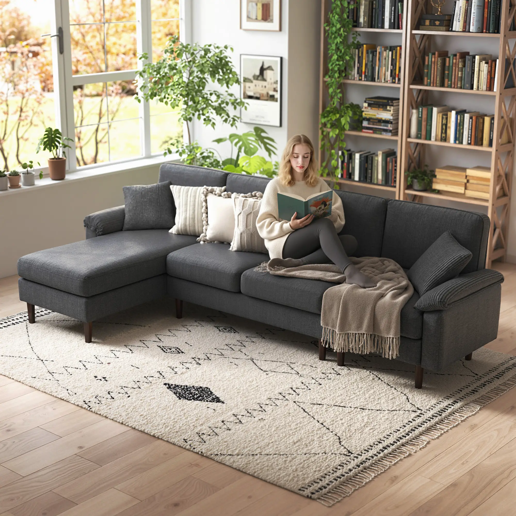 L-Shape Sofa, Modern Sectional Couch with Chaise, Dark Grey - Image 2