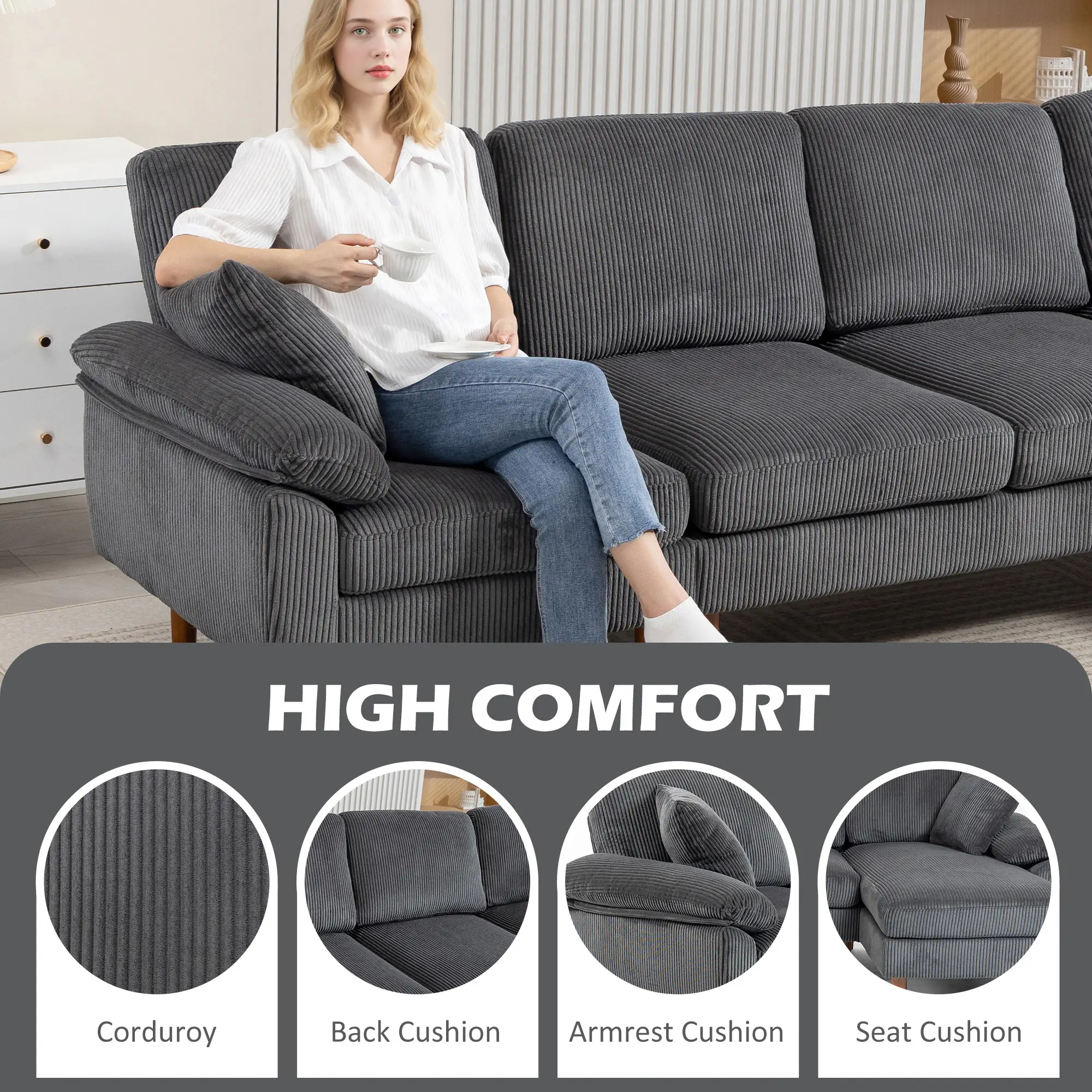 L-Shape Sofa, Modern Sectional Couch with Chaise, Dark Grey - Image 4