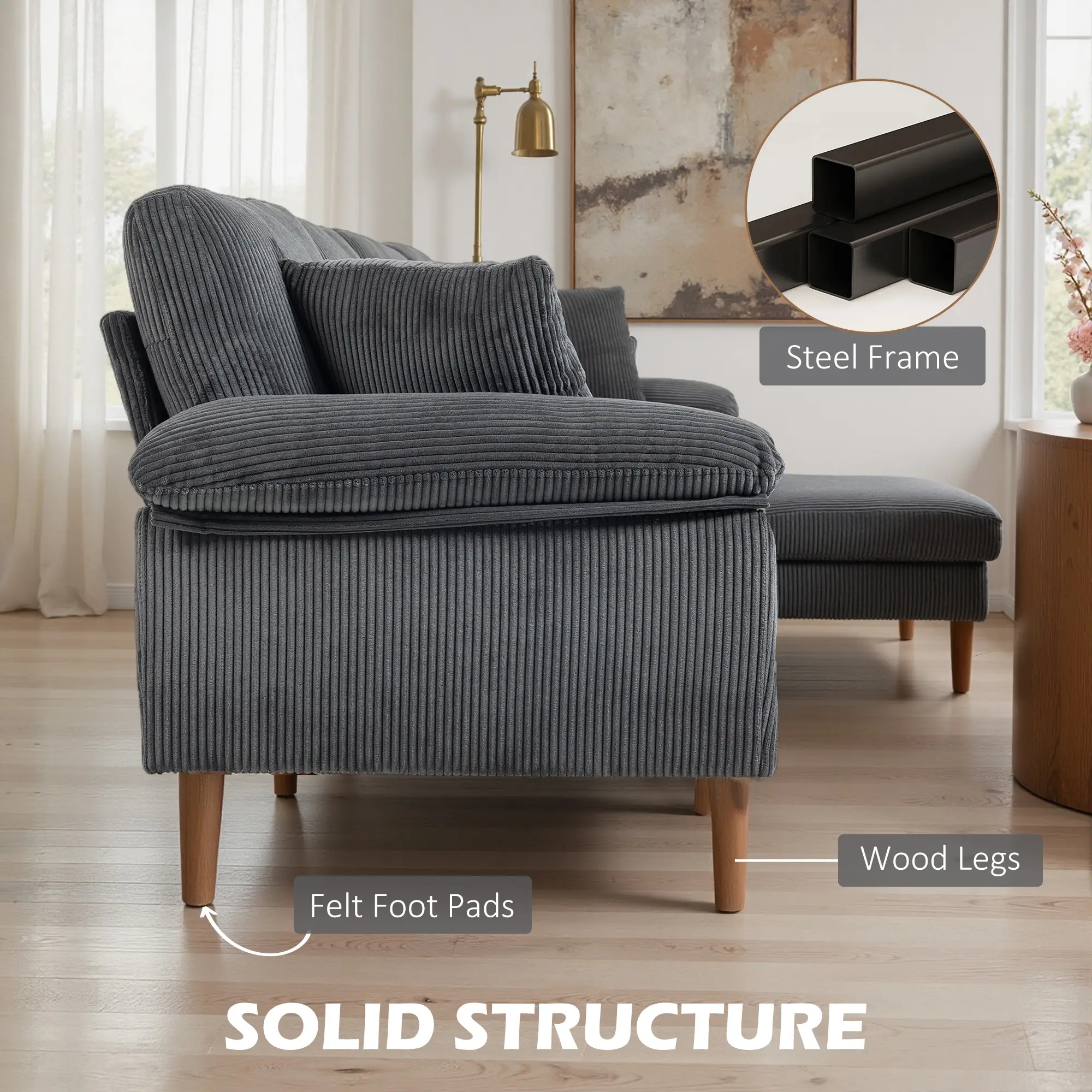 L-Shape Sofa, Modern Sectional Couch with Chaise, Dark Grey - Image 7