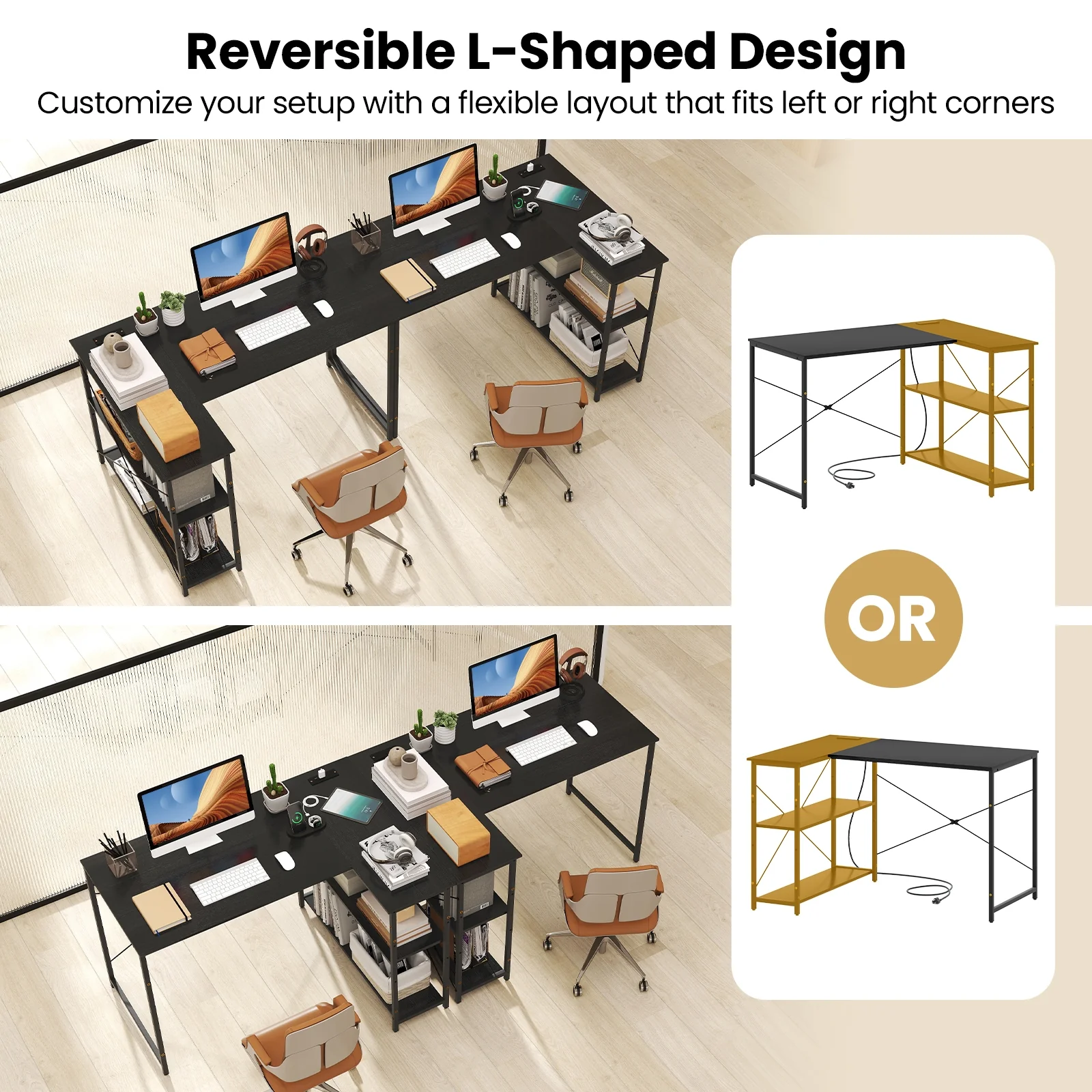 L-Shaped 47 Inch Reversible Corner Desk, Adjustable Shelves, Black - Image 10