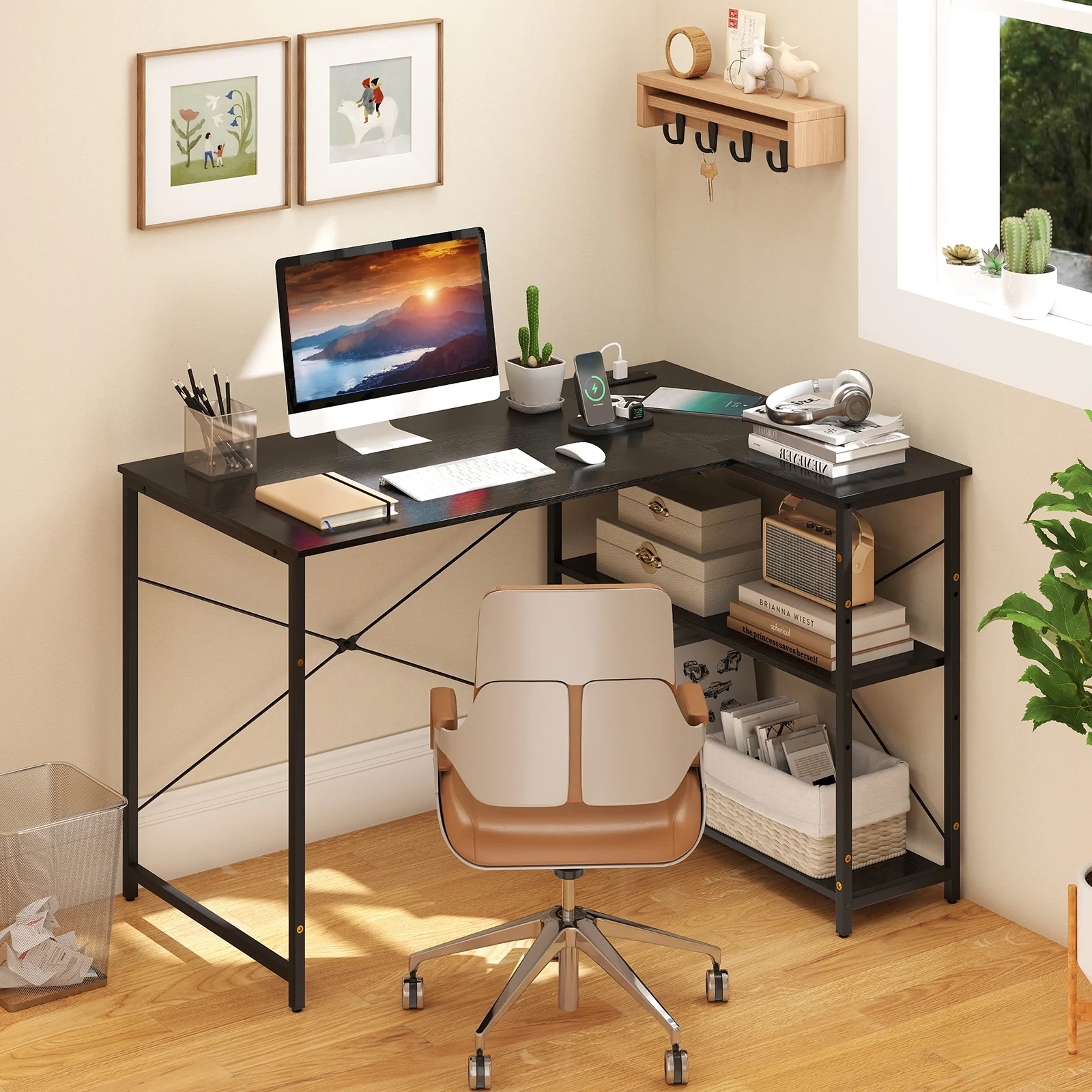 L-Shaped 47 Inch Reversible Corner Desk, Adjustable Shelves, Black - Image 2