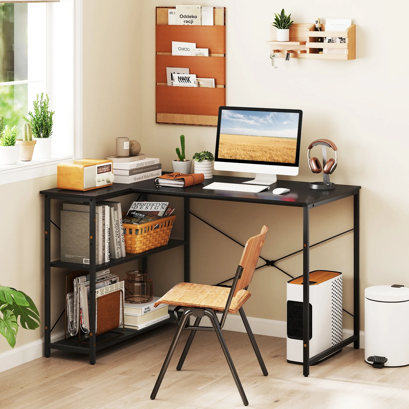 L-Shaped 47 Inch Reversible Corner Desk, Adjustable Shelves, Black - Image 3