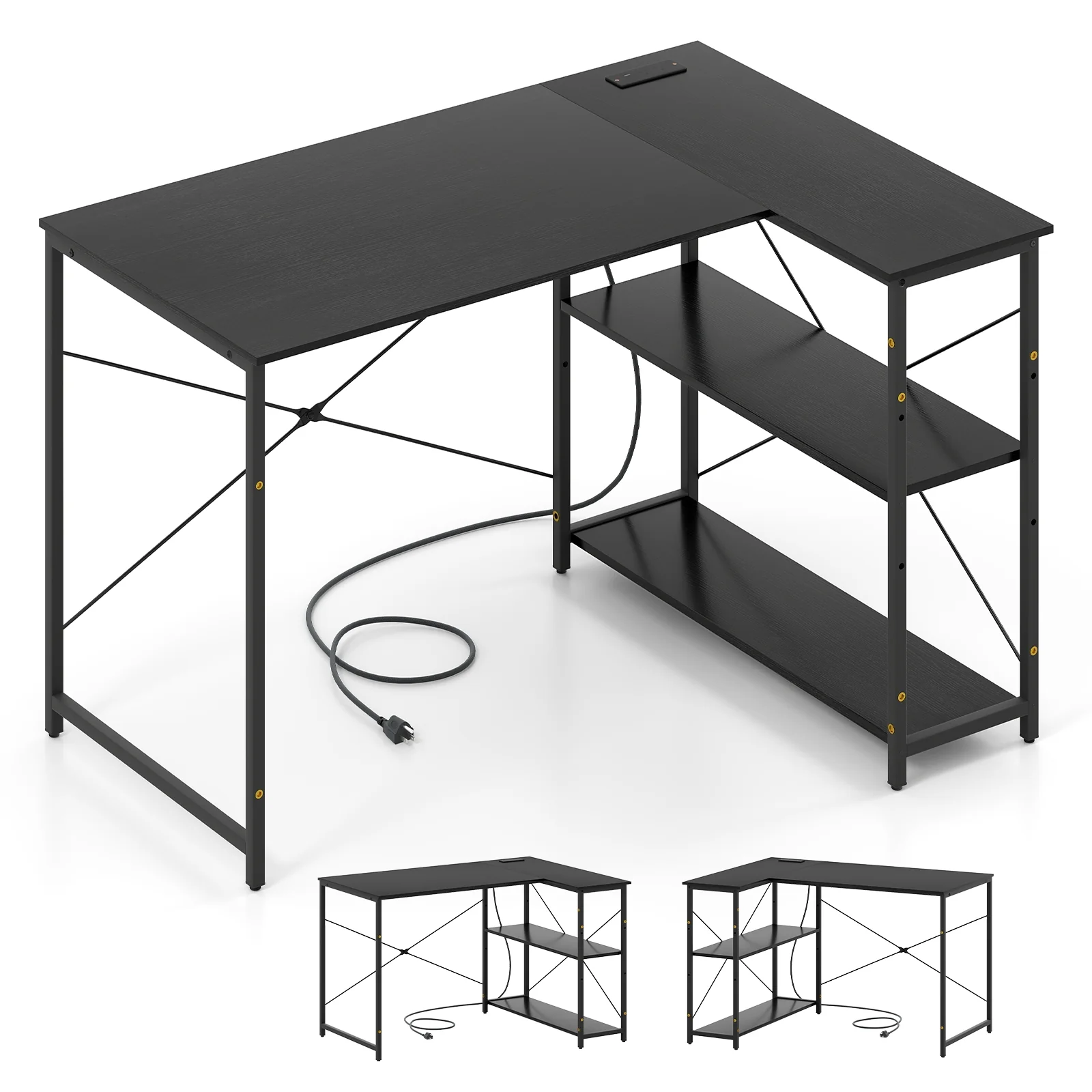 L-Shaped 47 Inch Reversible Corner Desk, Adjustable Shelves, Black - Image 4