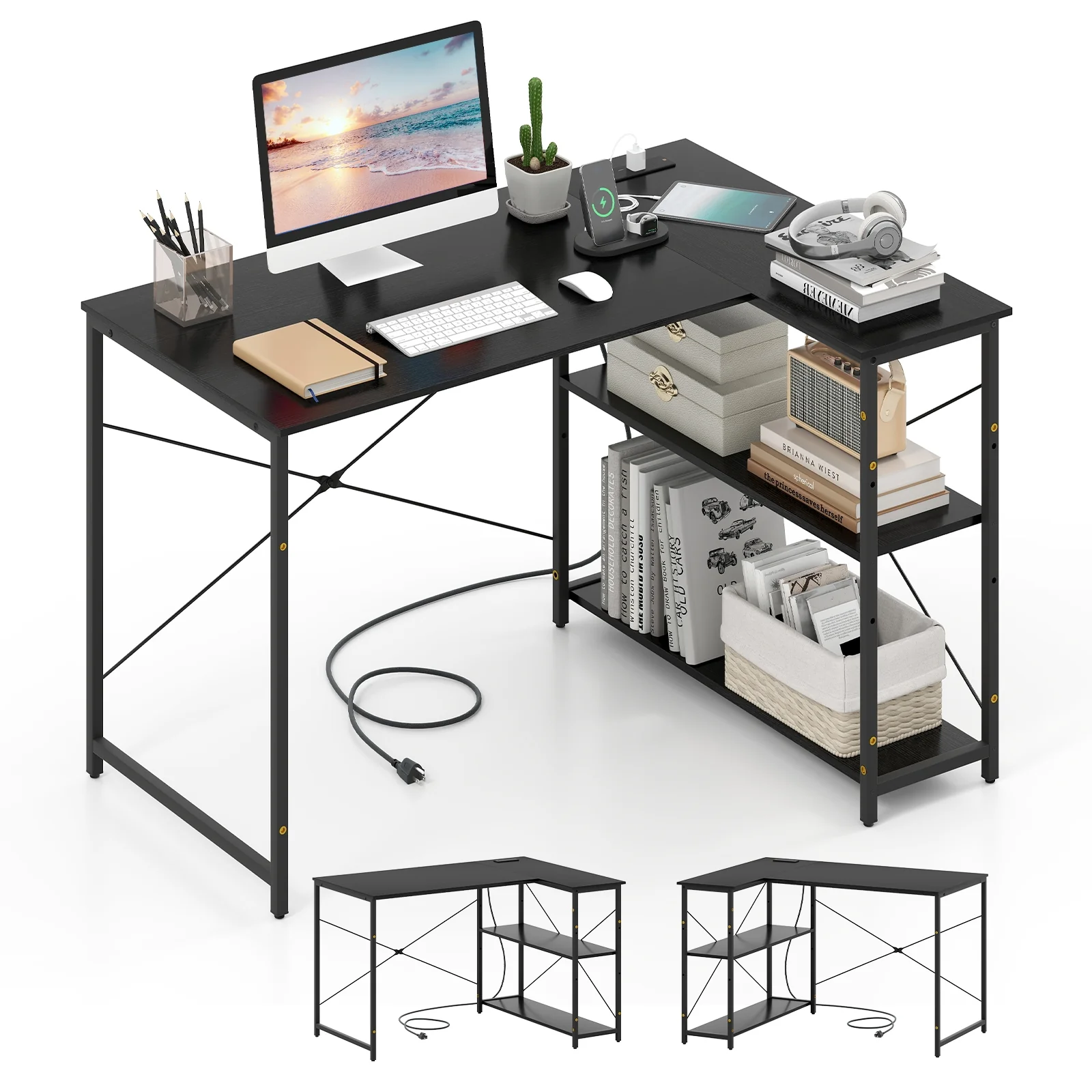 L-Shaped 47 Inch Reversible Corner Desk, Adjustable Shelves, Black - Image 5