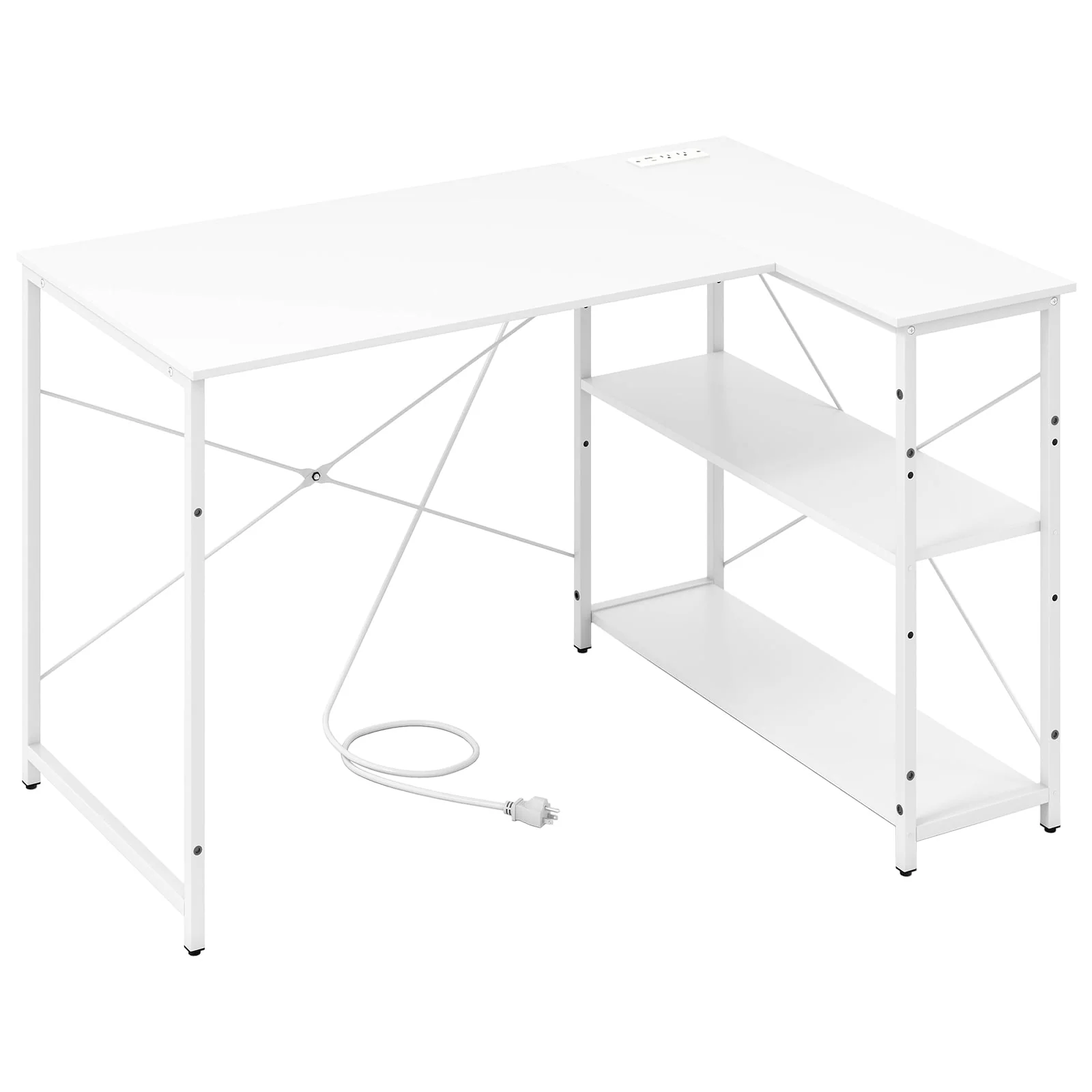 L-Shaped 47 Inch Reversible Corner Desk, Adjustable Storage Shelves, White