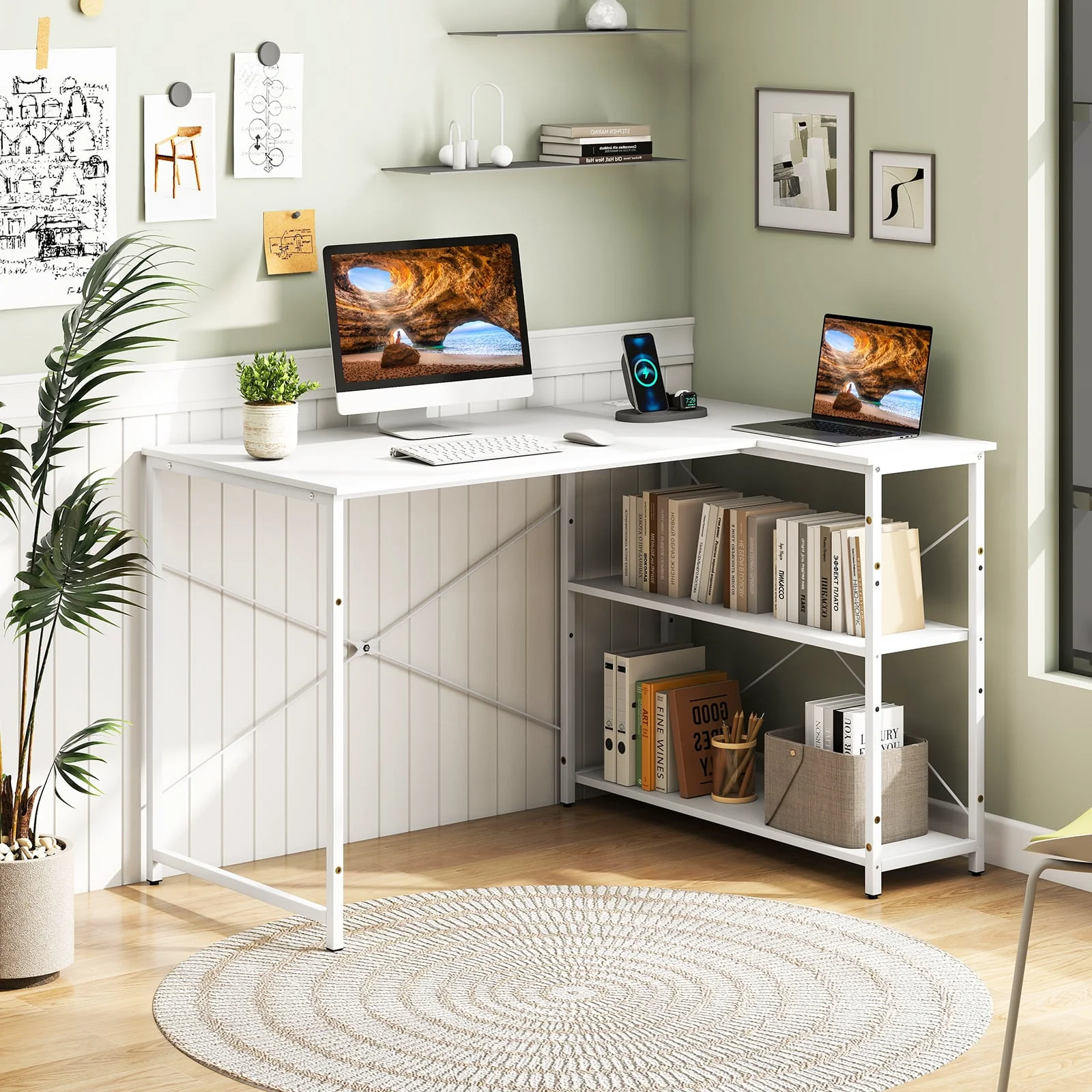 L-Shaped 47 Inch Reversible Corner Desk, Adjustable Storage Shelves, White - Image 2