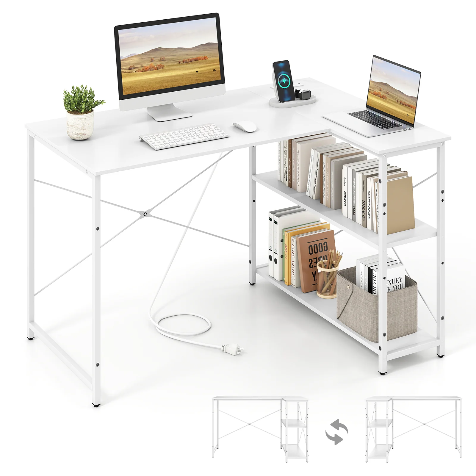L-Shaped 47 Inch Reversible Corner Desk, Adjustable Storage Shelves, White - Image 5