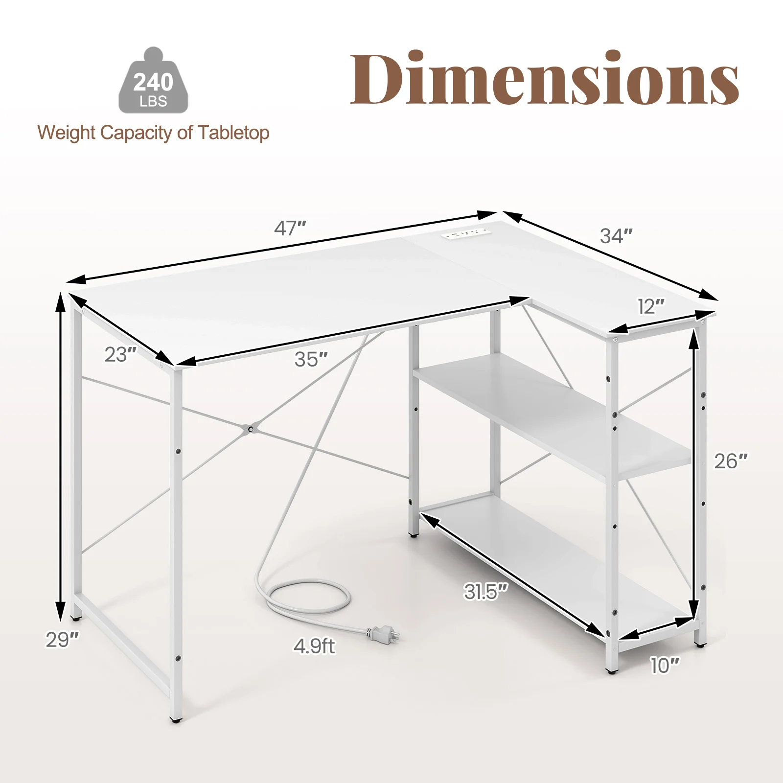 L-Shaped 47 Inch Reversible Corner Desk, Adjustable Storage Shelves, White - Image 6