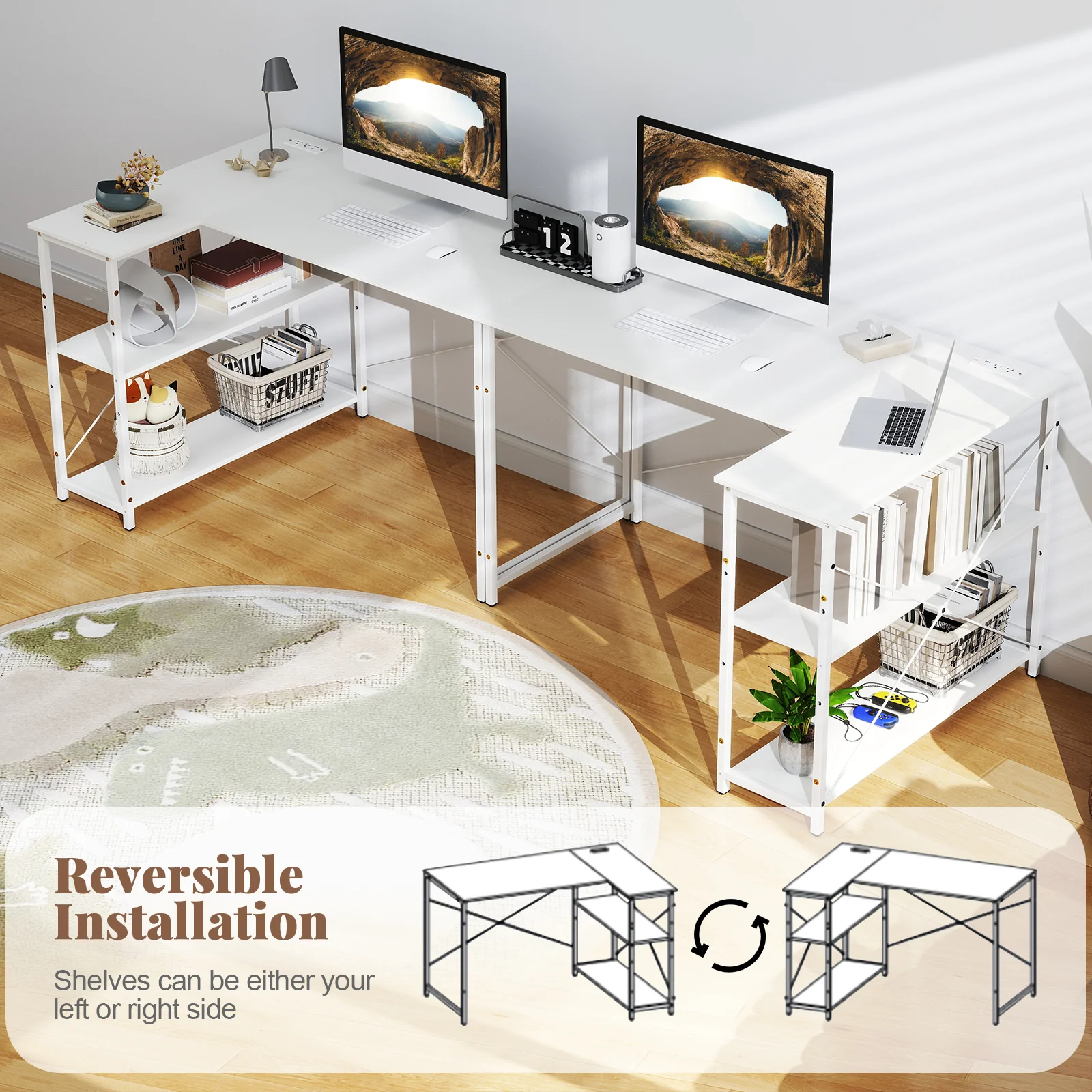 L-Shaped 47 Inch Reversible Corner Desk, Adjustable Storage Shelves, White - Image 8