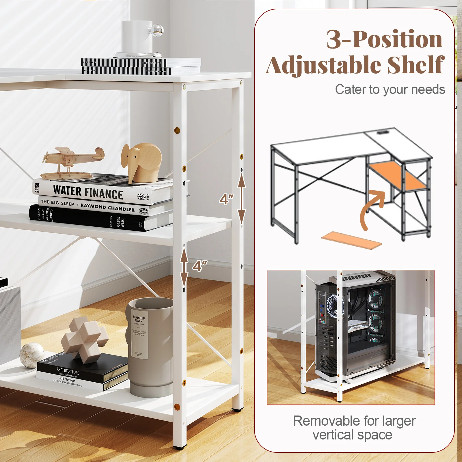 L-Shaped 47 Inch Reversible Corner Desk, Adjustable Storage Shelves, White - Image 9