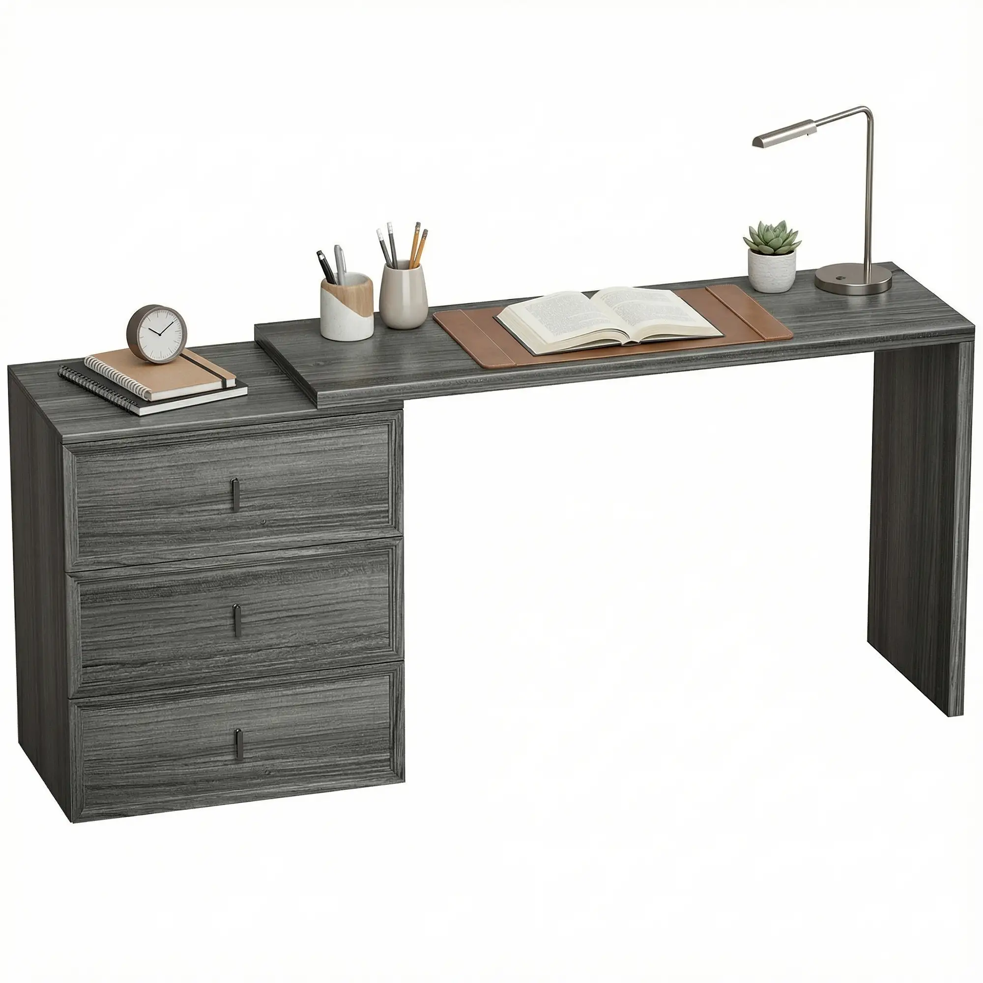 L-Shaped Computer Desk, 3 Drawers, Black Wood Grain, Black