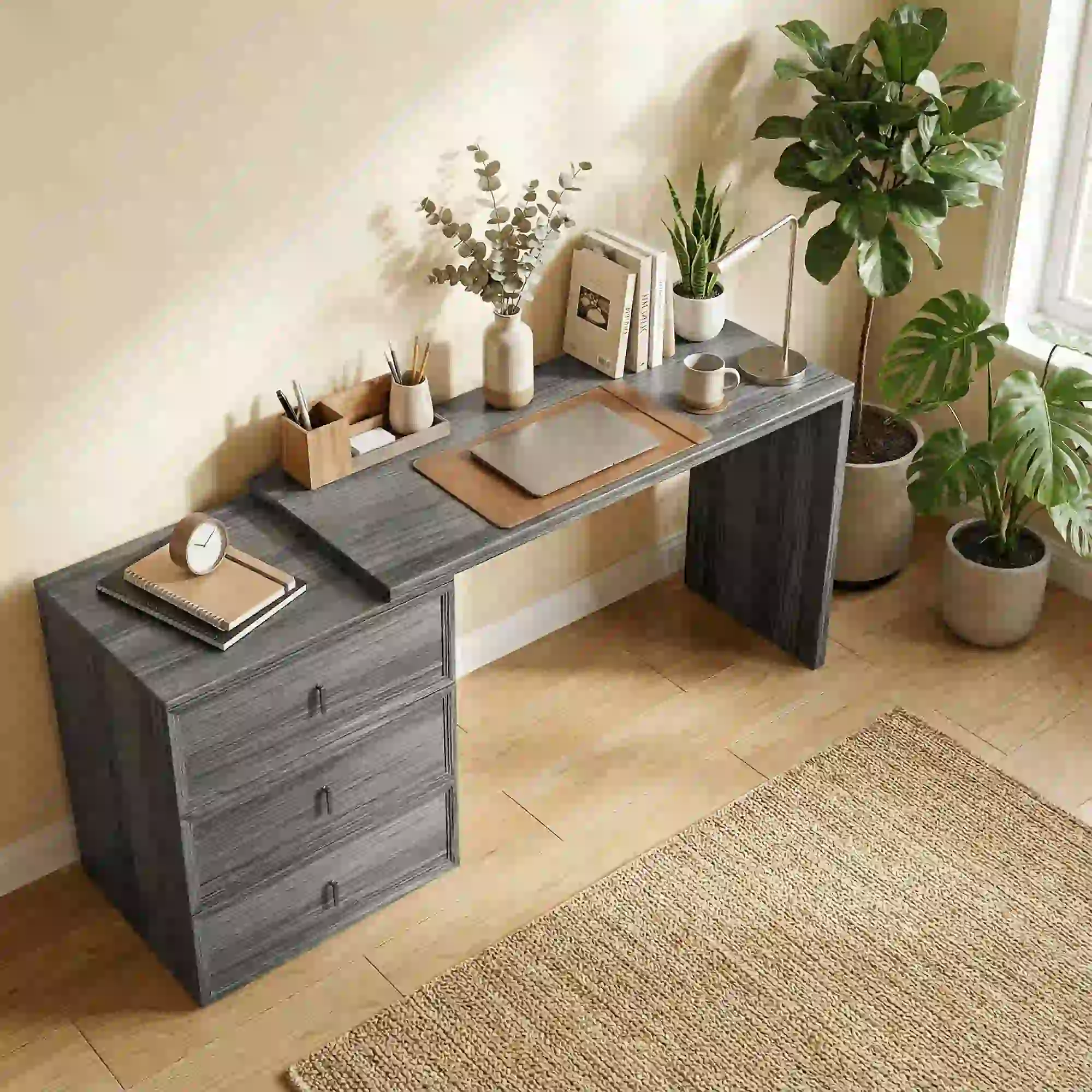 L-Shaped Computer Desk, 3 Drawers, Black Wood Grain, Black - Image 10