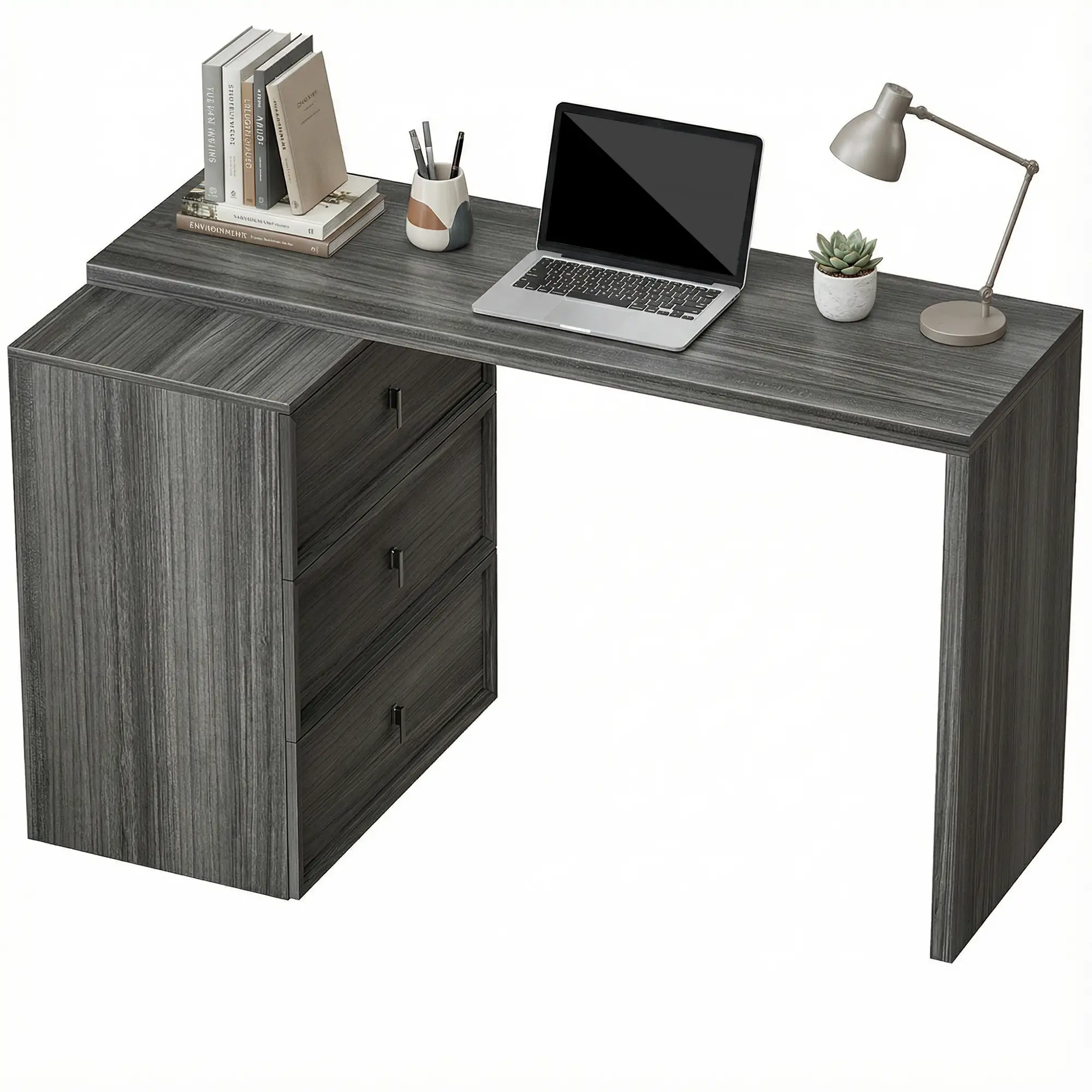 L-Shaped Computer Desk, 3 Drawers, Black Wood Grain, Black - Image 11