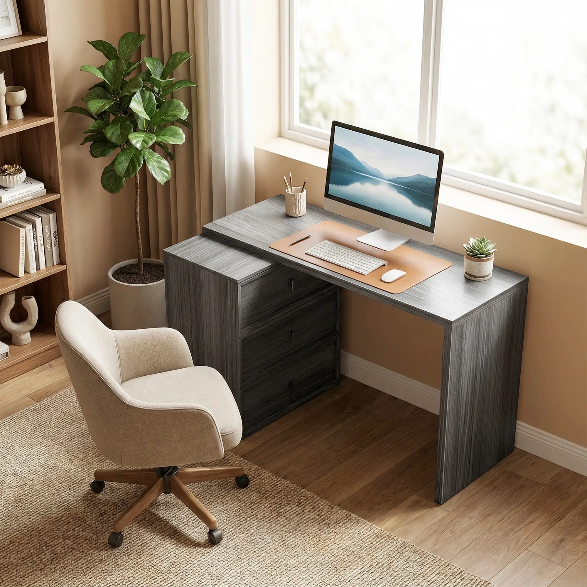 L-Shaped Computer Desk, 3 Drawers, Black Wood Grain, Black - Image 2