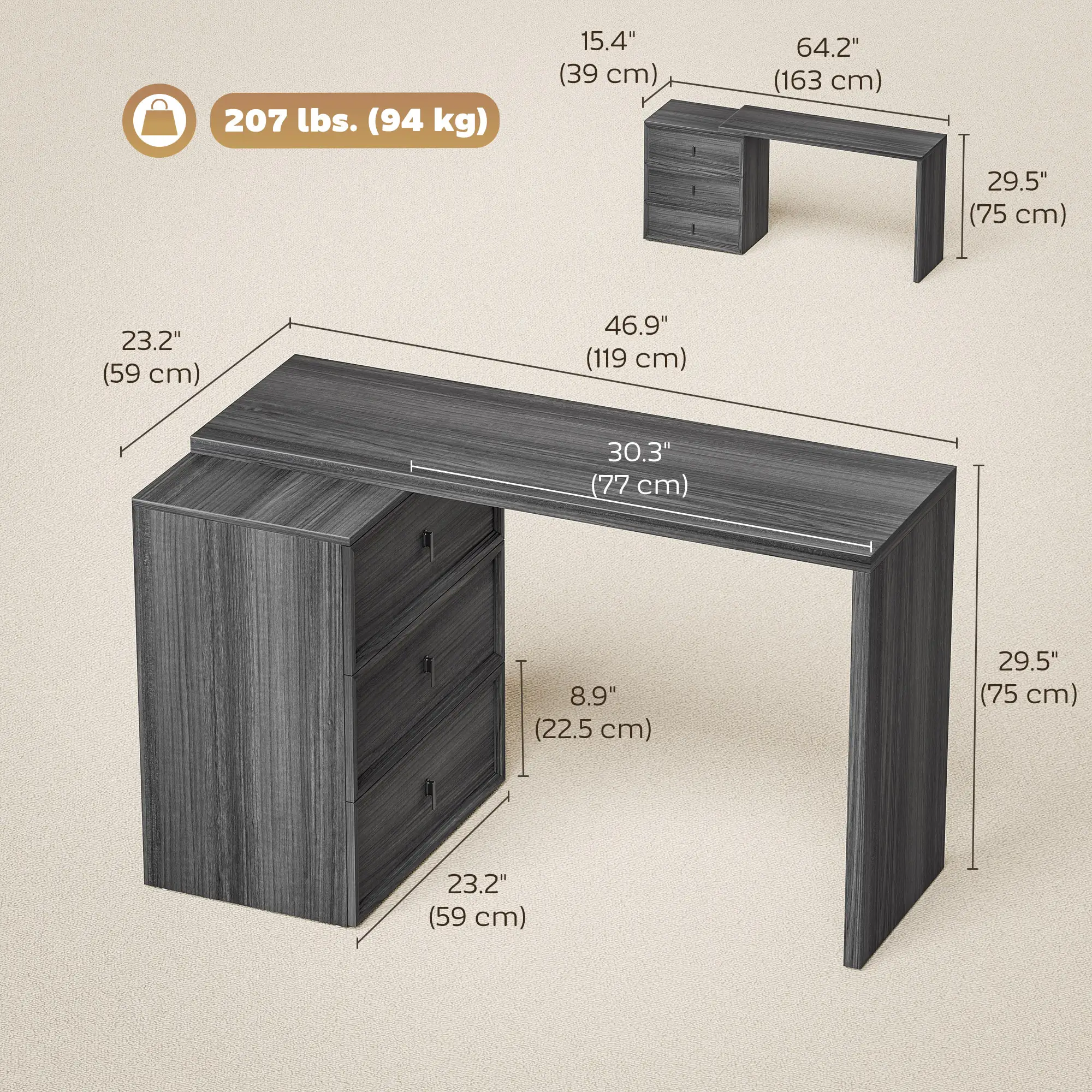 L-Shaped Computer Desk, 3 Drawers, Black Wood Grain, Black - Image 3
