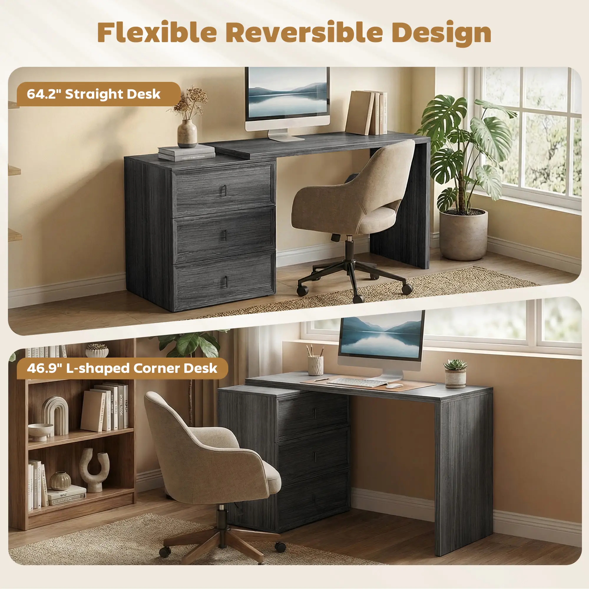 L-Shaped Computer Desk, 3 Drawers, Black Wood Grain, Black - Image 4