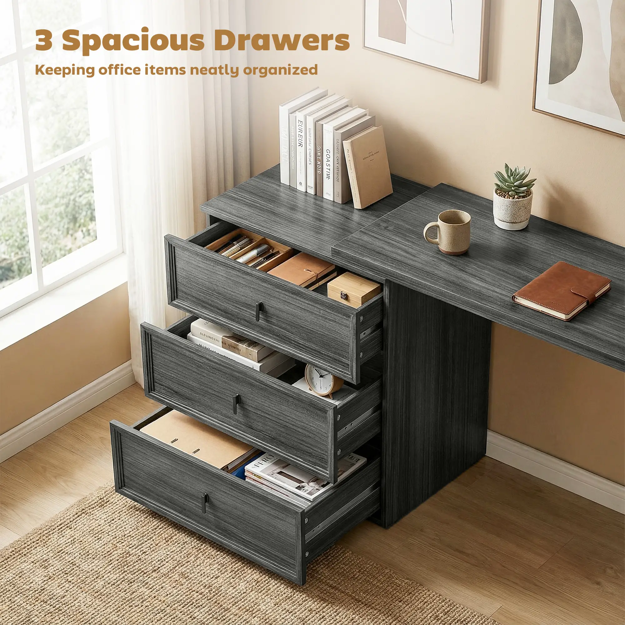 L-Shaped Computer Desk, 3 Drawers, Black Wood Grain, Black - Image 5
