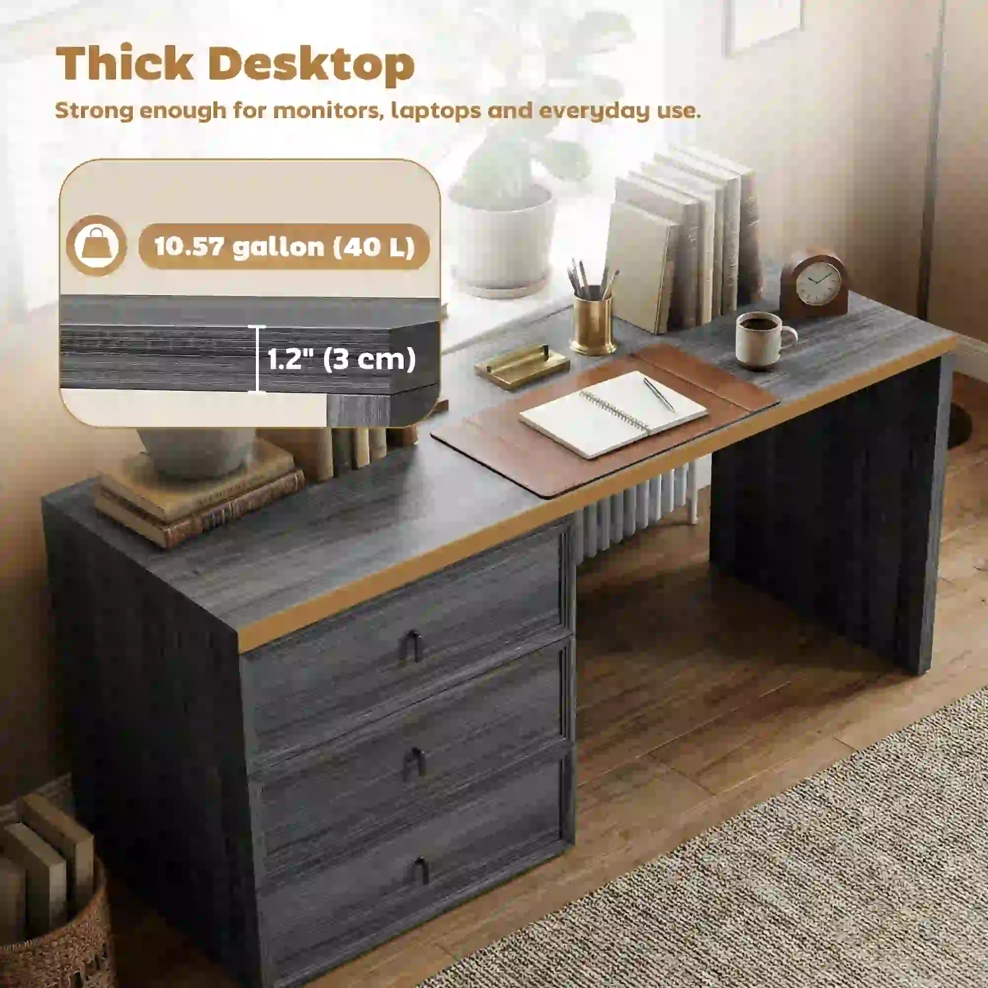 L-Shaped Computer Desk, 3 Drawers, Black Wood Grain, Black - Image 6