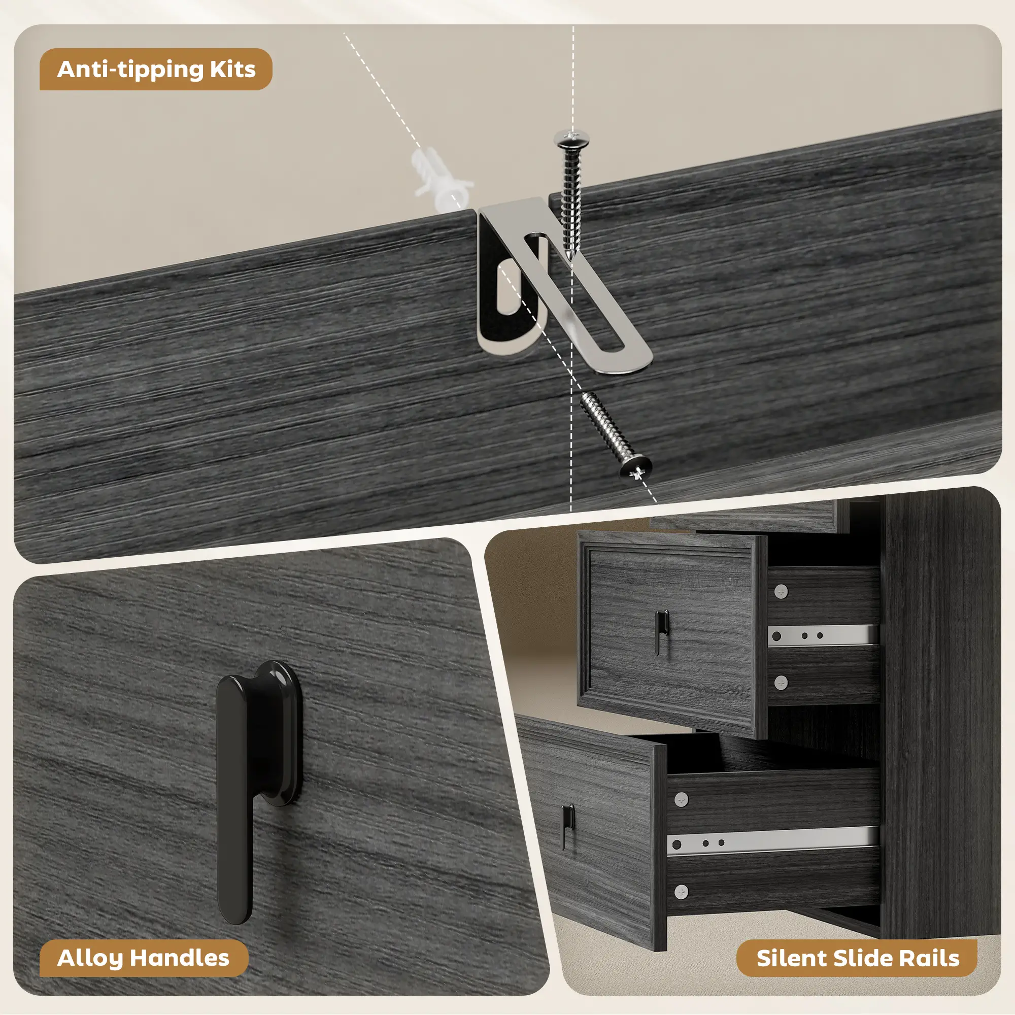 L-Shaped Computer Desk, 3 Drawers, Black Wood Grain, Black - Image 7
