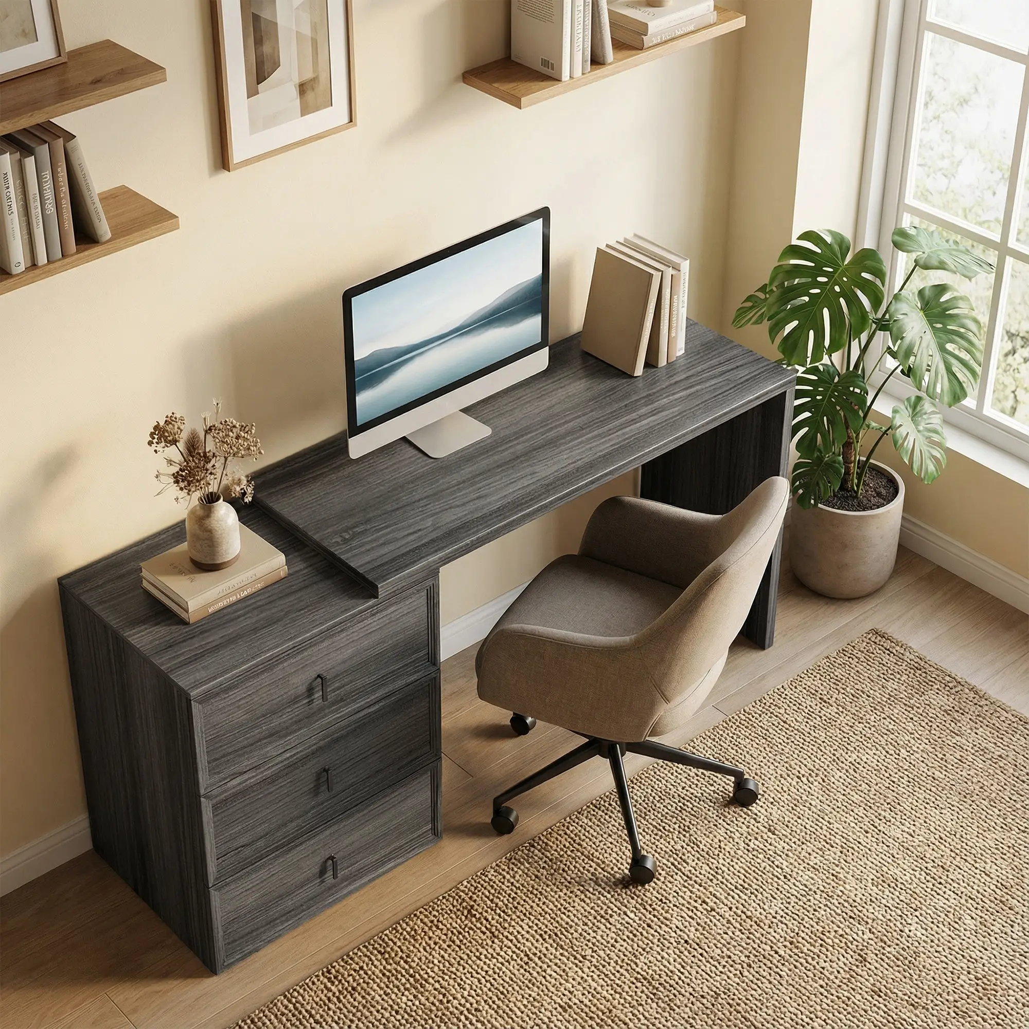 L-Shaped Computer Desk, 3 Drawers, Black Wood Grain, Black - Image 8