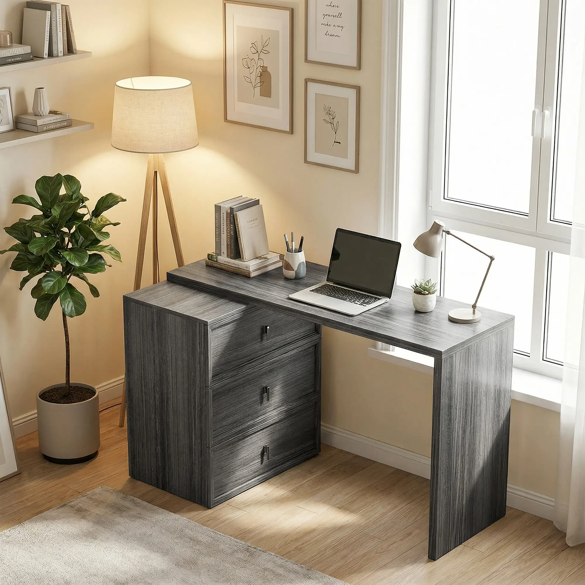 L-Shaped Computer Desk, 3 Drawers, Black Wood Grain, Black - Image 9