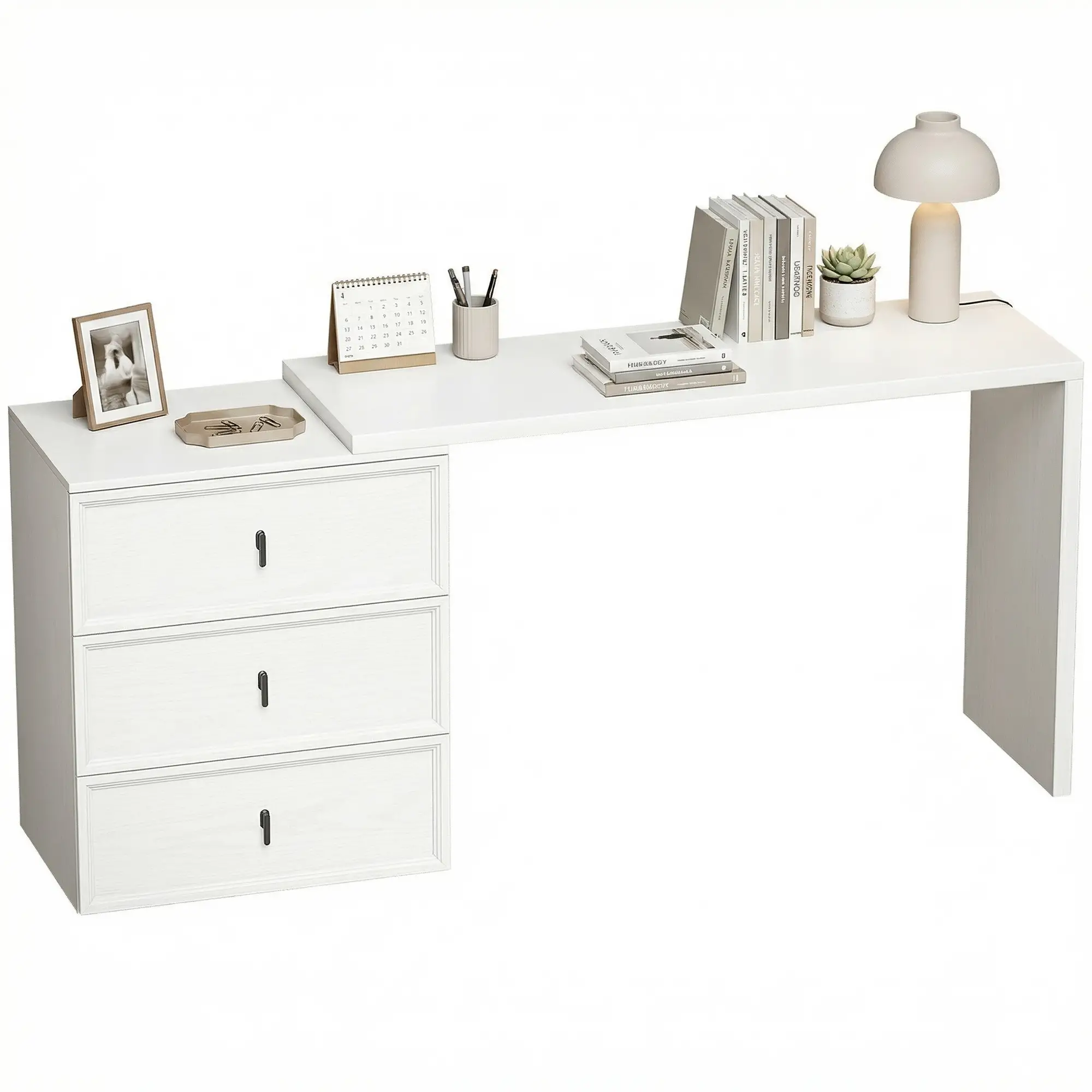 L Shaped Computer Desk, 3 Drawers, White Wood Grain, White