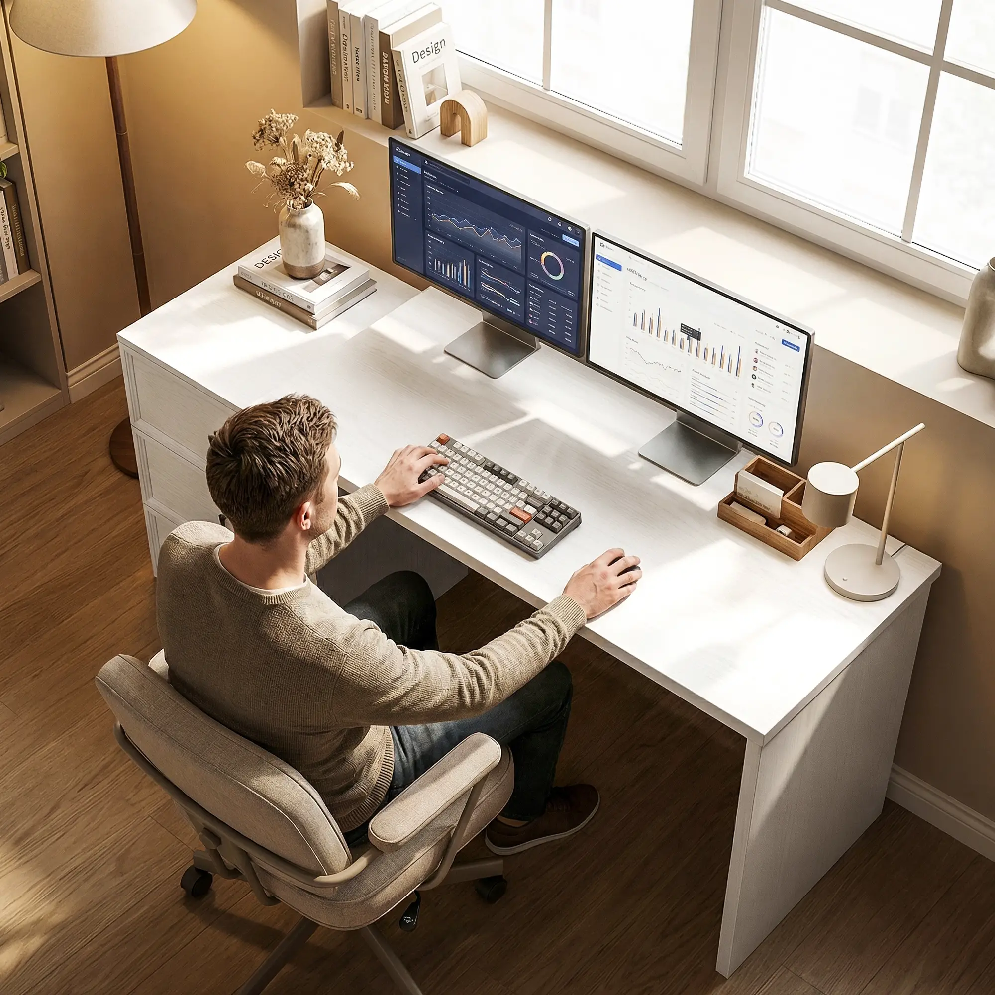 L Shaped Computer Desk, 3 Drawers, White Wood Grain, White - Image 10