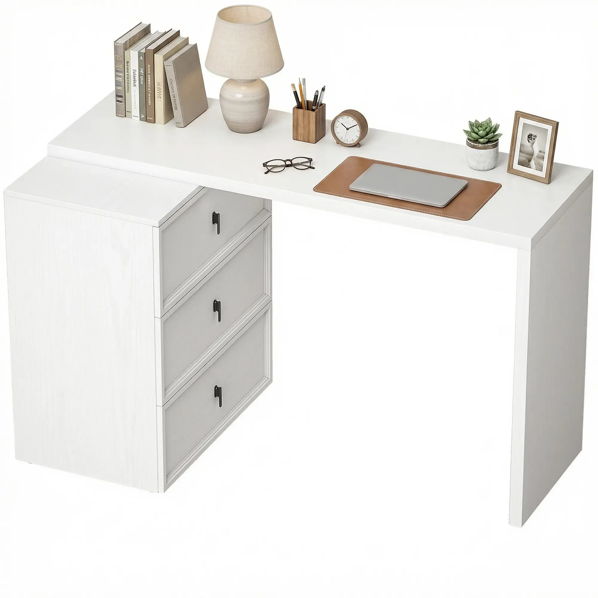 L Shaped Computer Desk, 3 Drawers, White Wood Grain, White - Image 11