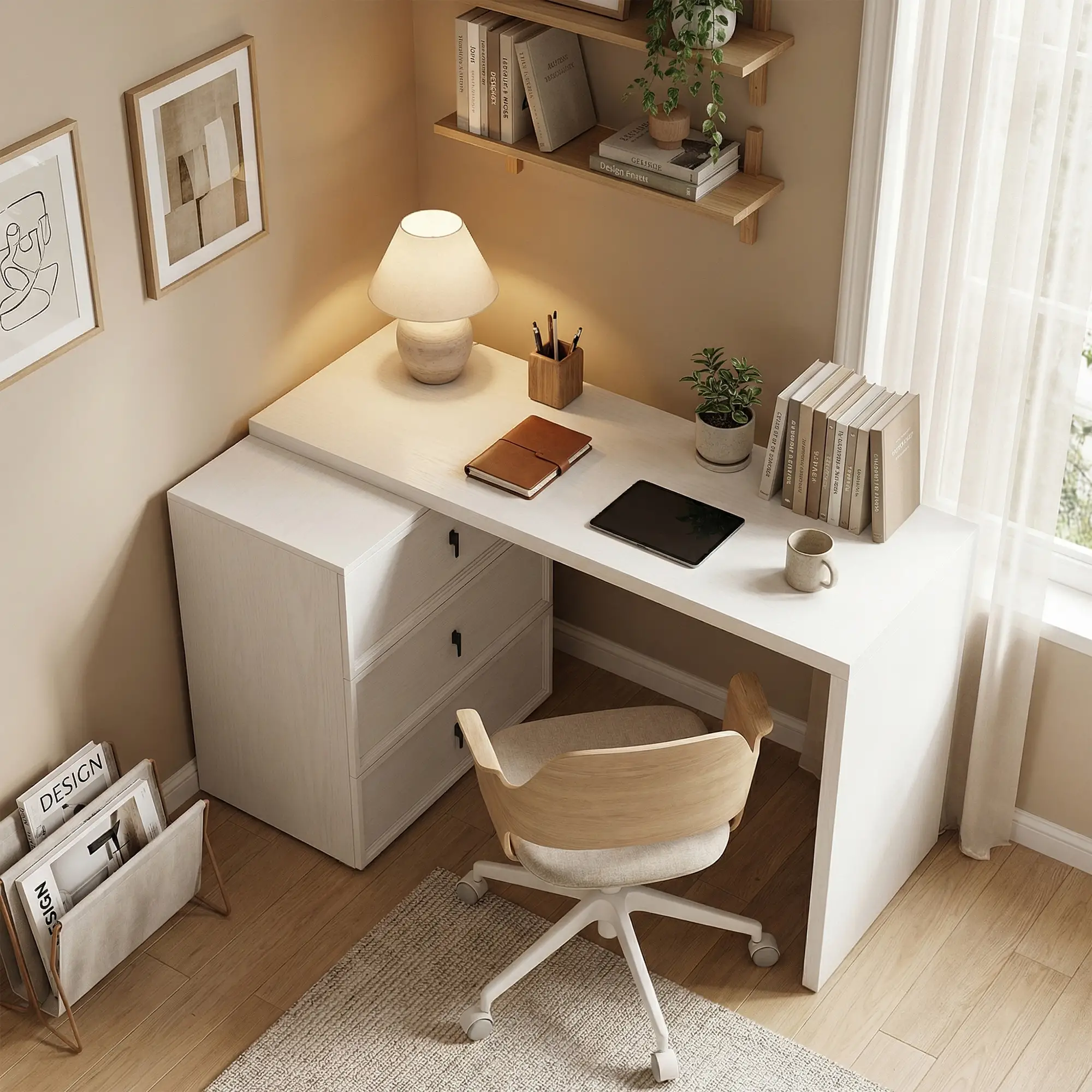 L Shaped Computer Desk, 3 Drawers, White Wood Grain, White - Image 2