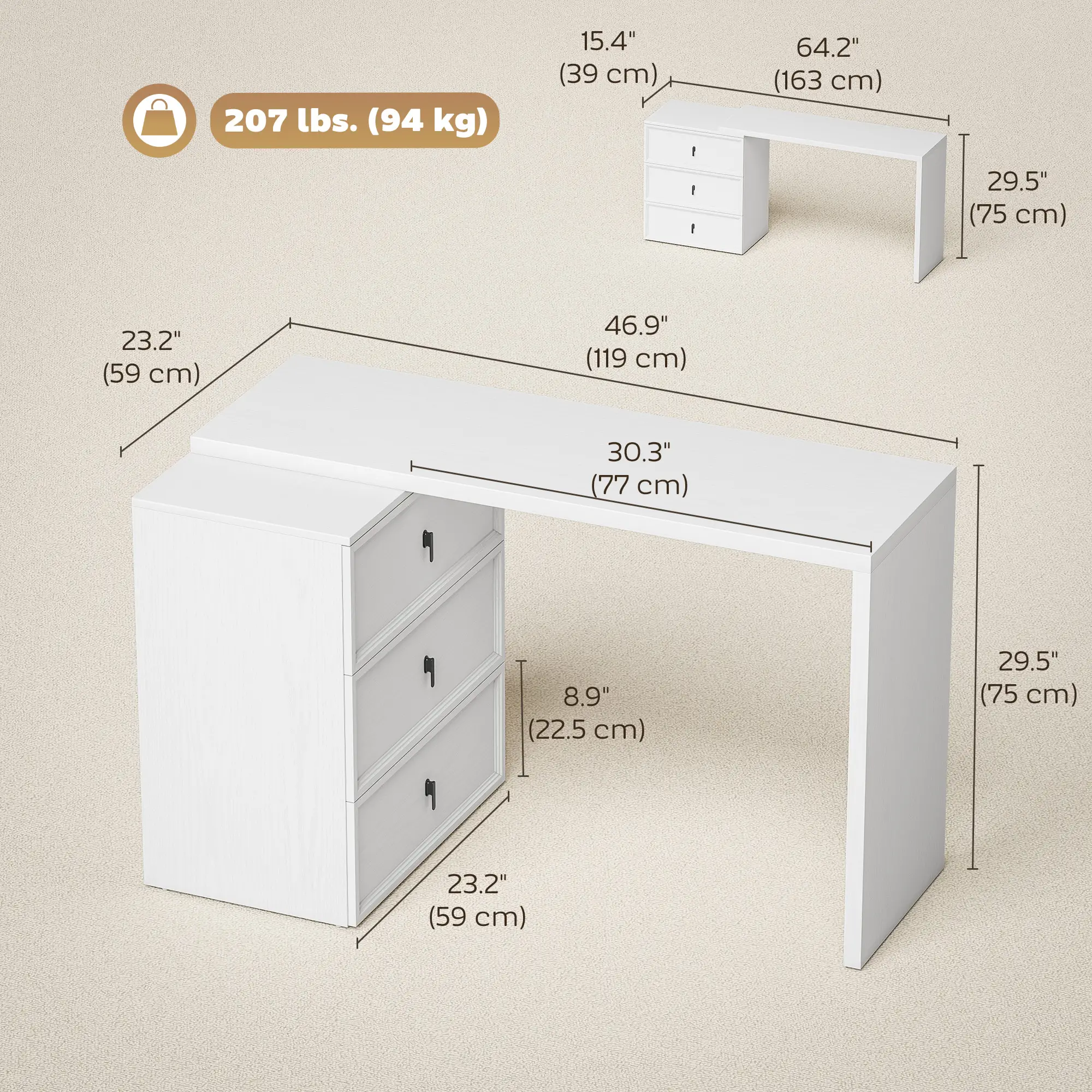 L Shaped Computer Desk, 3 Drawers, White Wood Grain, White - Image 3