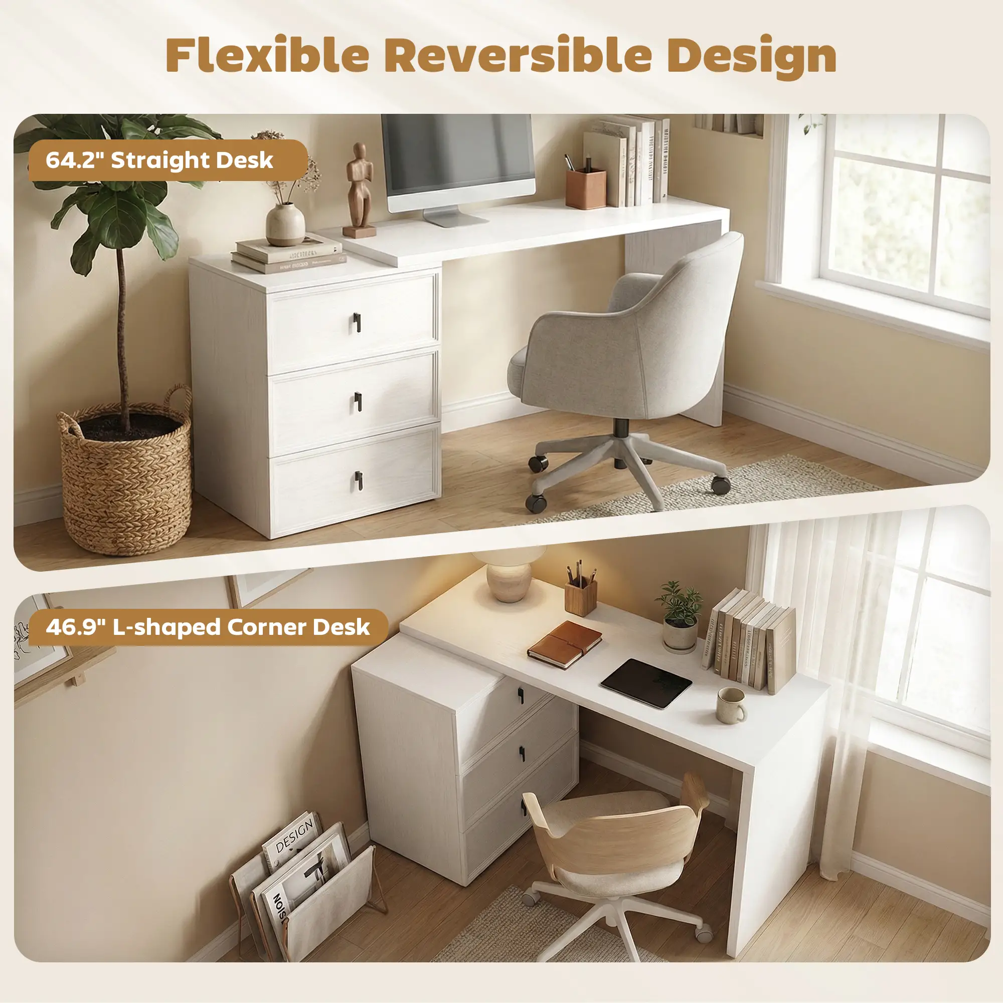 L Shaped Computer Desk, 3 Drawers, White Wood Grain, White - Image 4