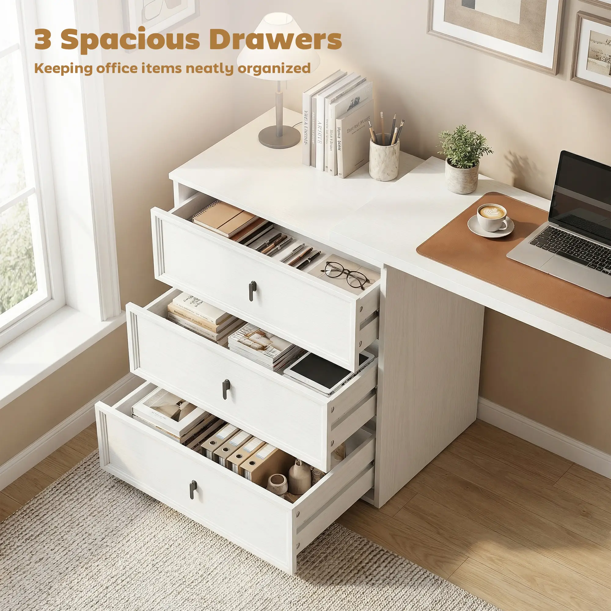 L Shaped Computer Desk, 3 Drawers, White Wood Grain, White - Image 5