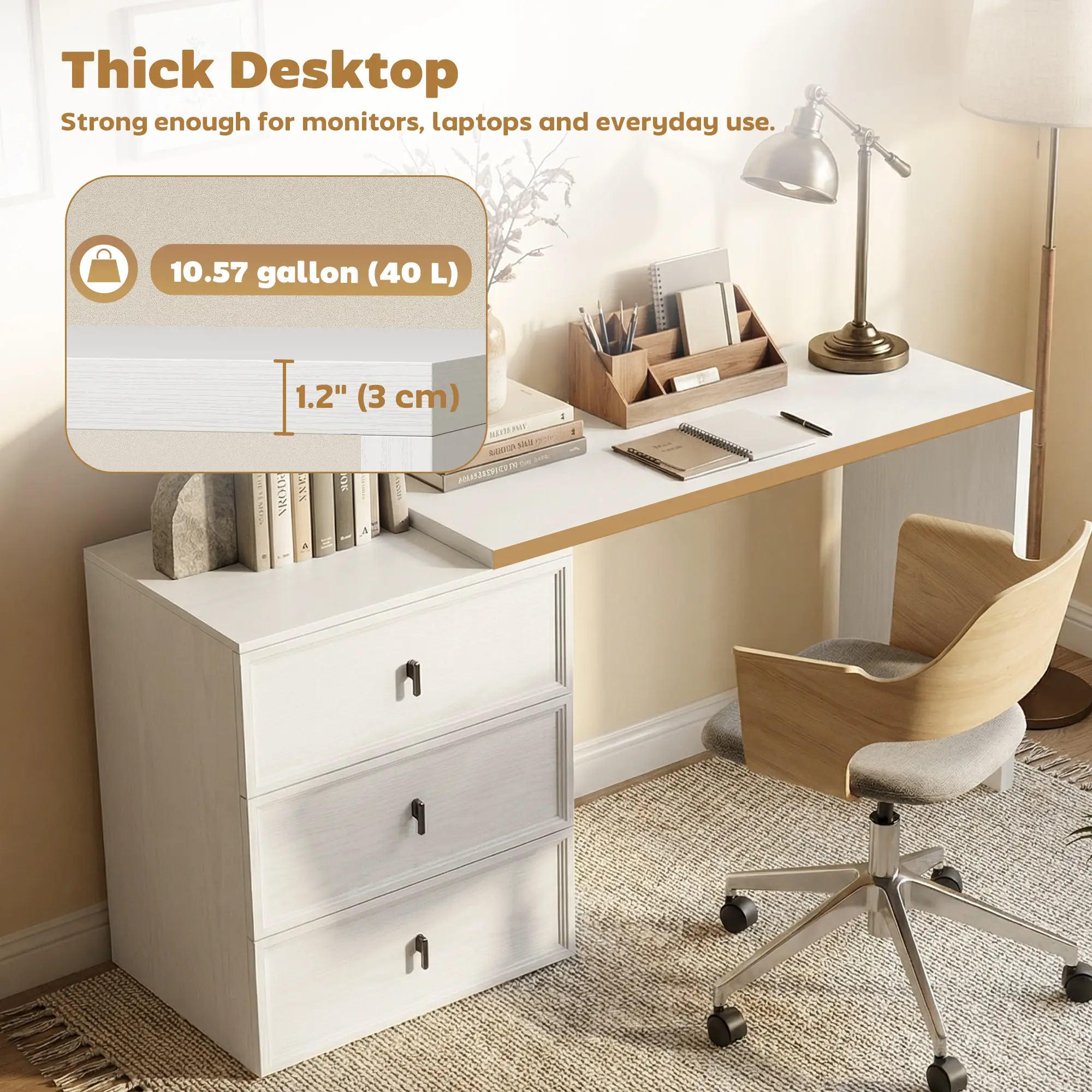 L Shaped Computer Desk, 3 Drawers, White Wood Grain, White - Image 6
