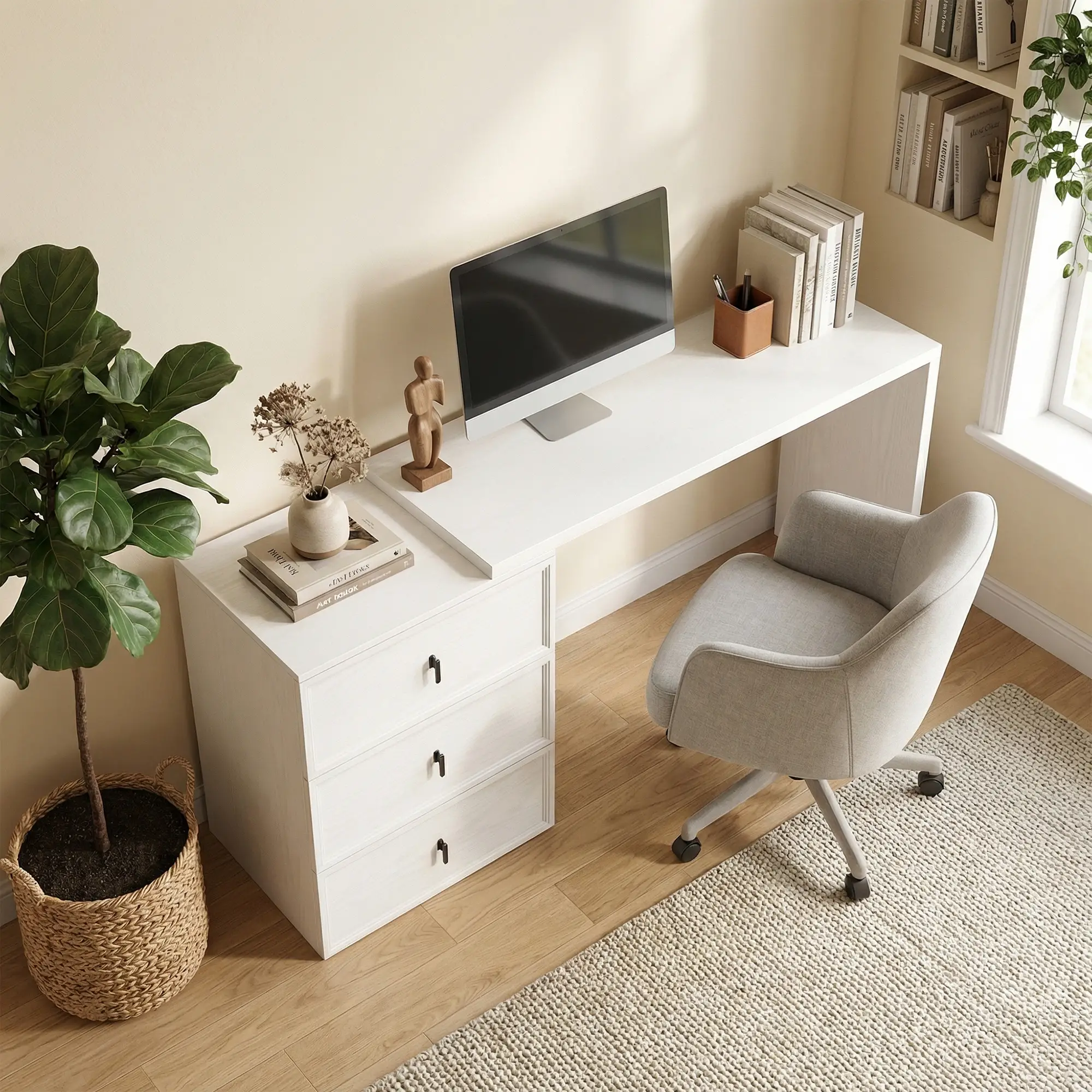 L Shaped Computer Desk, 3 Drawers, White Wood Grain, White - Image 8