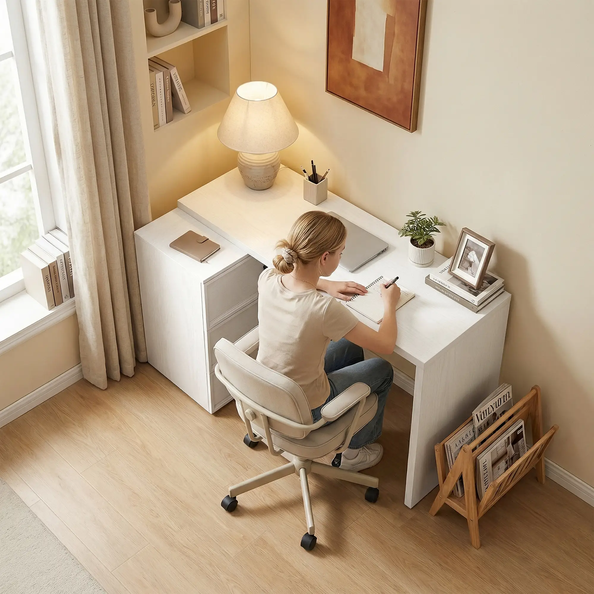L Shaped Computer Desk, 3 Drawers, White Wood Grain, White - Image 9